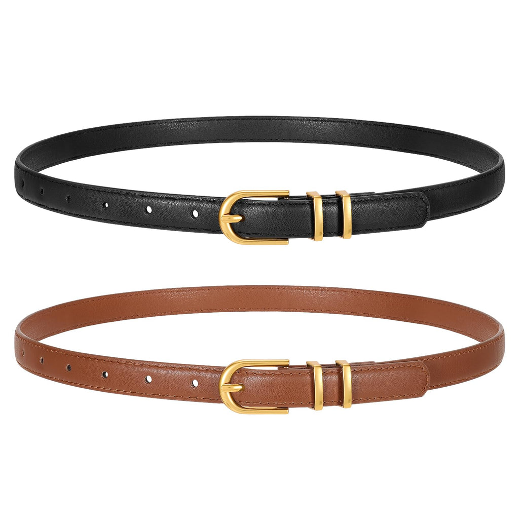 TRIWORKS 2 Pack Women Skinny Leather Belts for Jeans Pants Thin Faux Leather Belt with Gold Buckle