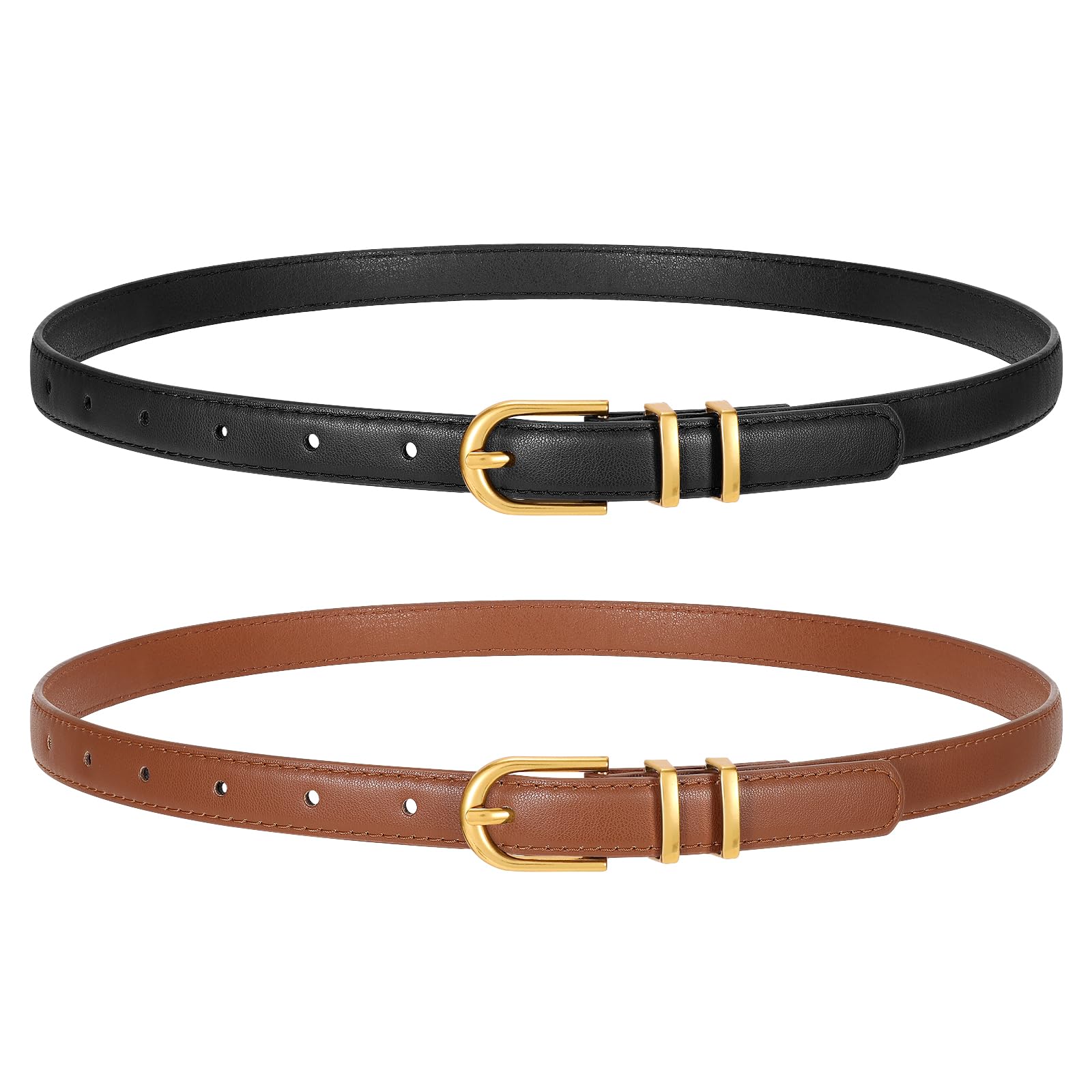 TRIWORKS 2 Pack Women Skinny Leather Belts for Jeans Pants Thin Faux Leather Belt with Gold Buckle