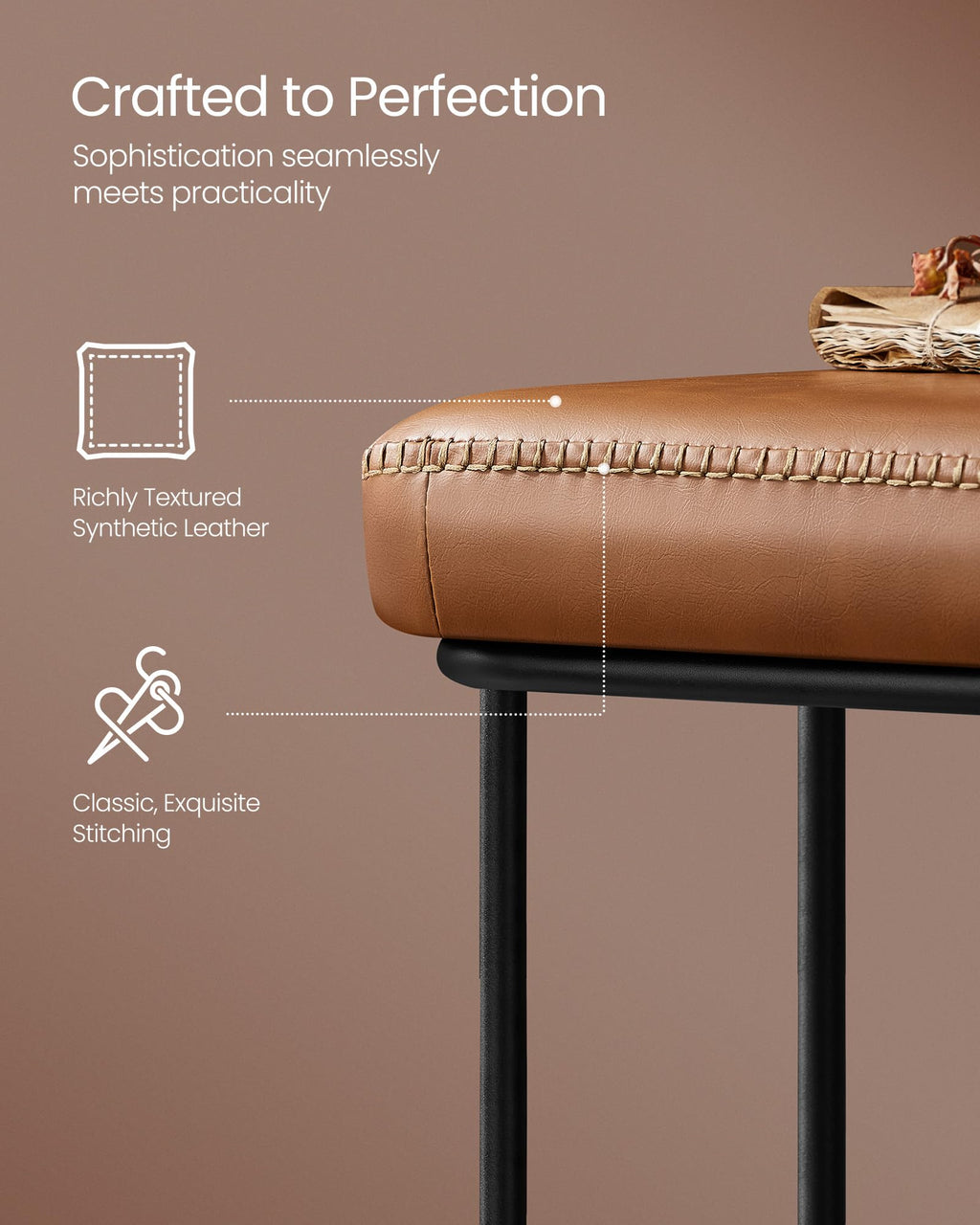 VASAGLE EKHO Collection - Storage Ottoman Bench, Entryway Bedroom Bench, 15 Gallons, Synthetic Leather with Stitching, Mid-Century Modern, Safety Hinges, Loads 660 lb, Caramel Brown ULOM074K01