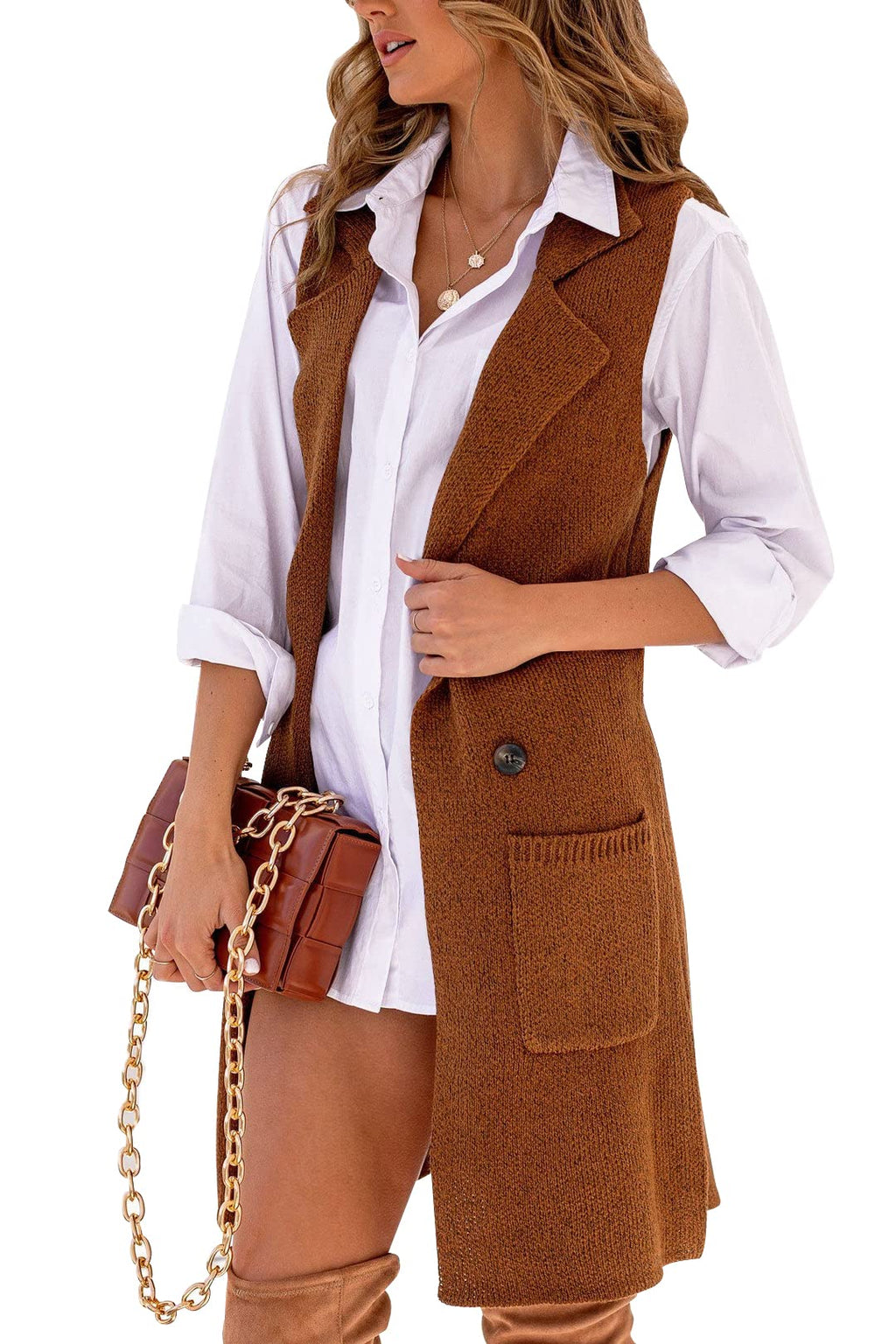 Danedvi Women Open Front Lapel Collar Cardigan Vest Button Down Long Sweaters Cardigan Solid Outerwear Coats