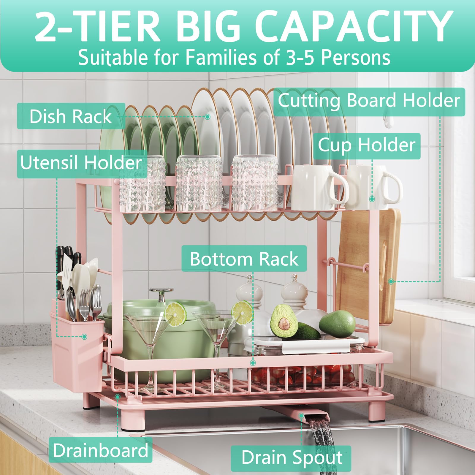 Dish Drying Rack, 2 Tier Space-Saving Dish Rack, Multifunctional Dish Drainer for Kitchen Counter with Drainboard/Utensil/Cup Holder Rustproof Carbon Steel, Black