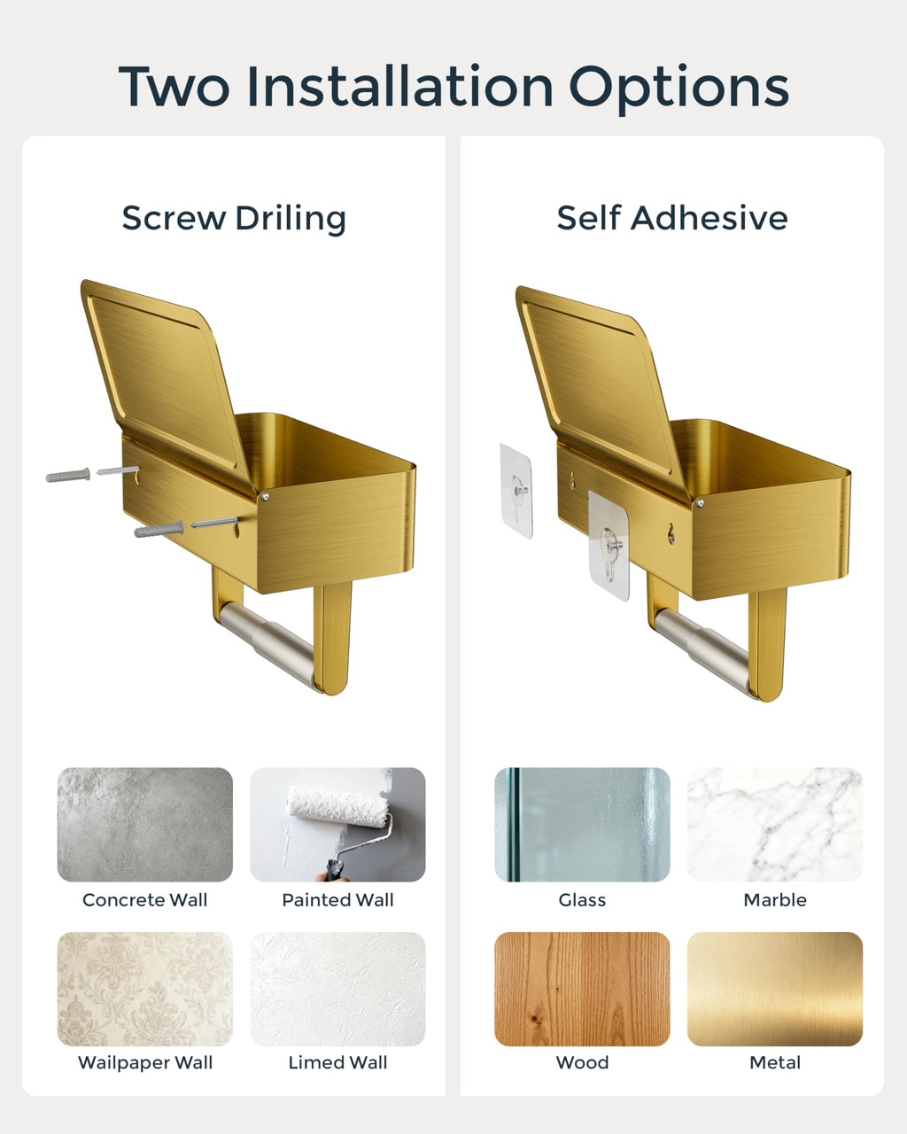 Toilet Paper Holder with Shelf, Wipes Holder for Bathroom, Flushable Wipes Dispenser, Stainless Steel Toilet Paper Roll Holder with Storage for Wet Wipes Wall Mounted (Gold, Regular Roll)