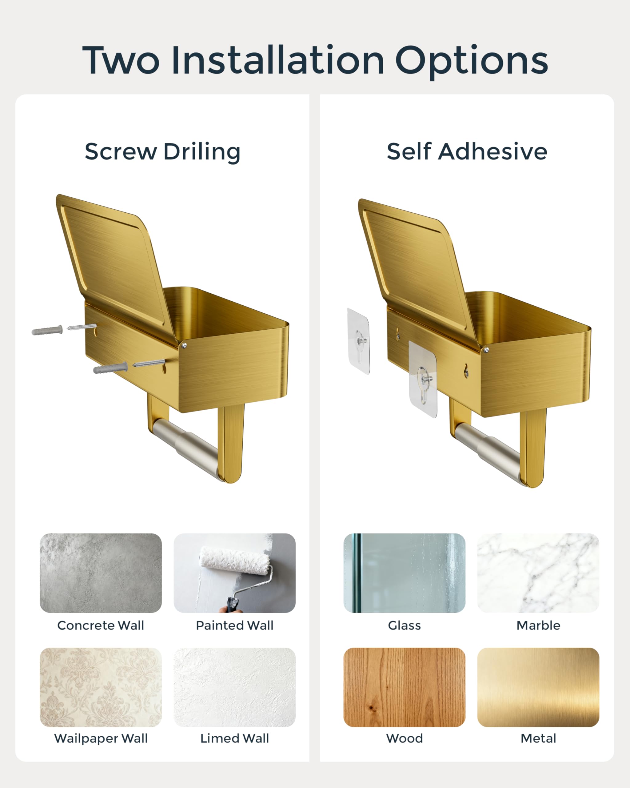 Toilet Paper Holder with Shelf, Wipes Holder for Bathroom, Flushable Wipes Dispenser, Stainless Steel Toilet Paper Roll Holder with Storage for Wet Wipes Wall Mounted (Gold, Regular Roll)