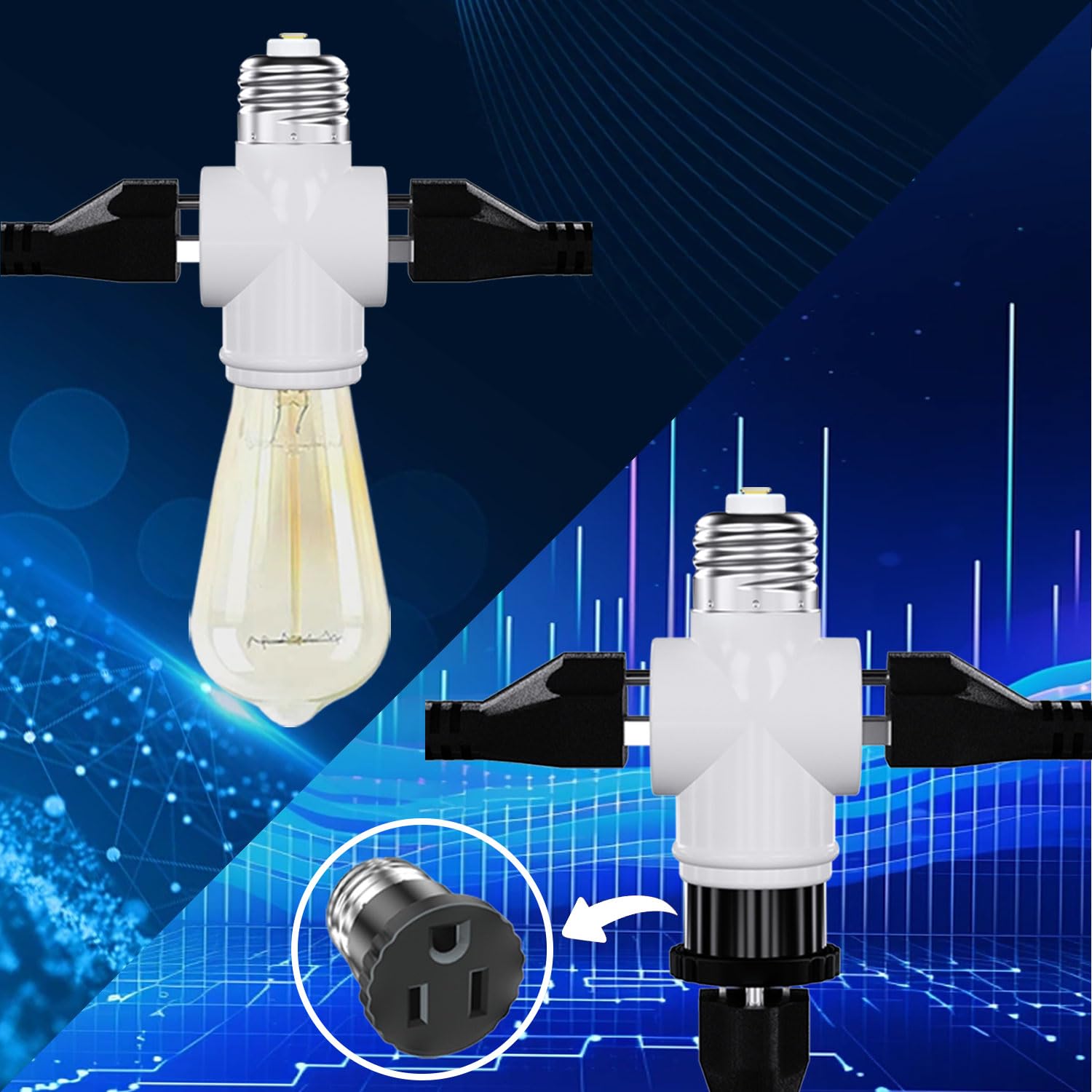 Light Socket Adapter, Convert E26 Light Socket to 3-Prong Outlet Adapter and Light Bulb Socket, 1 Pack(White)