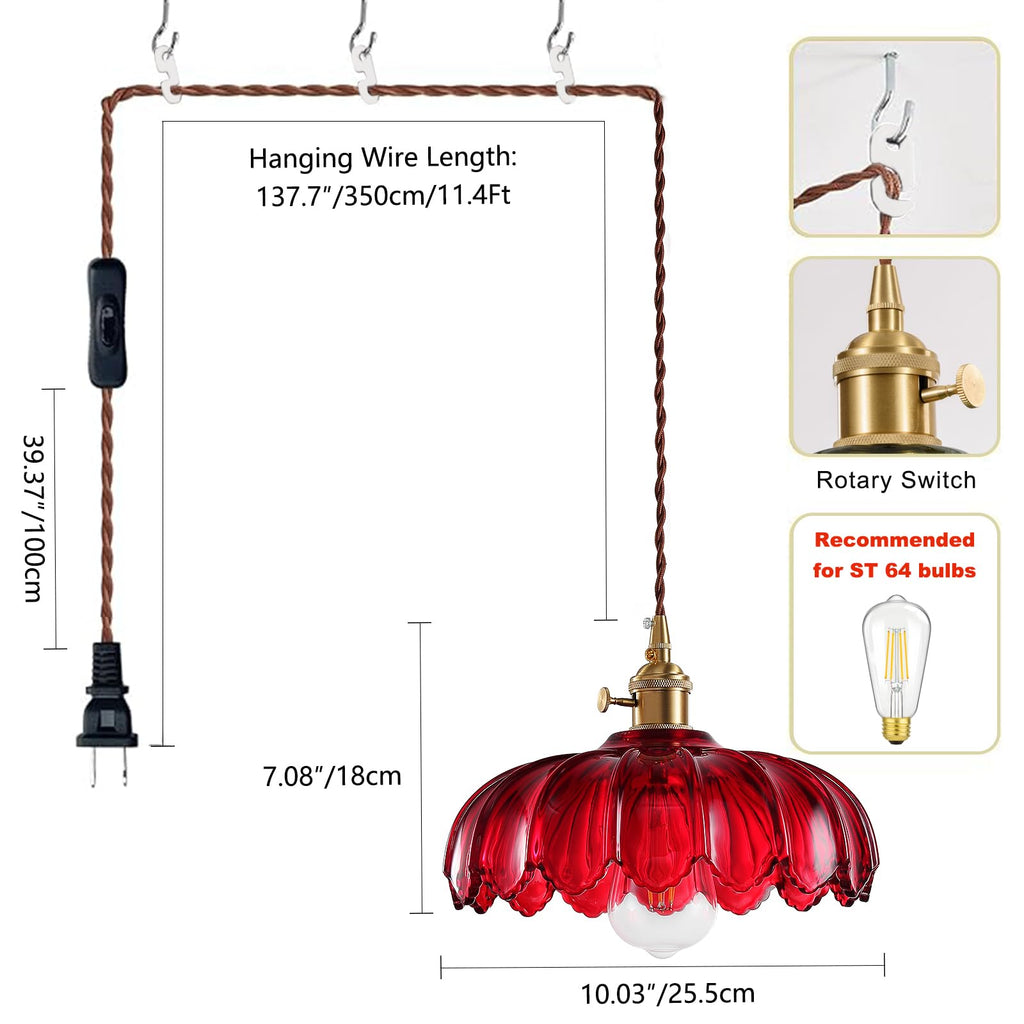 XZHGCEE Plug in Pendant Light: Amber Hanging Lamp Plug in Pendant Lamp, Glass Pendant Lighting for Kitchen Island, Bedroom, Dining Room, Living Room, No Bulb