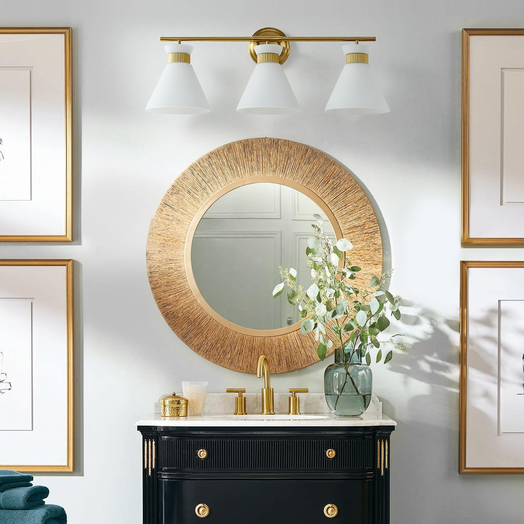 WOSHITU Gold Bathroom Light Fixtures: Modern Vanity Lighting Fixtures 2 Lights for Bathroom Mid Century Vanity Light Sconces Over Mirror with Frosted Milky Glass for Bath Bedroom Makeup