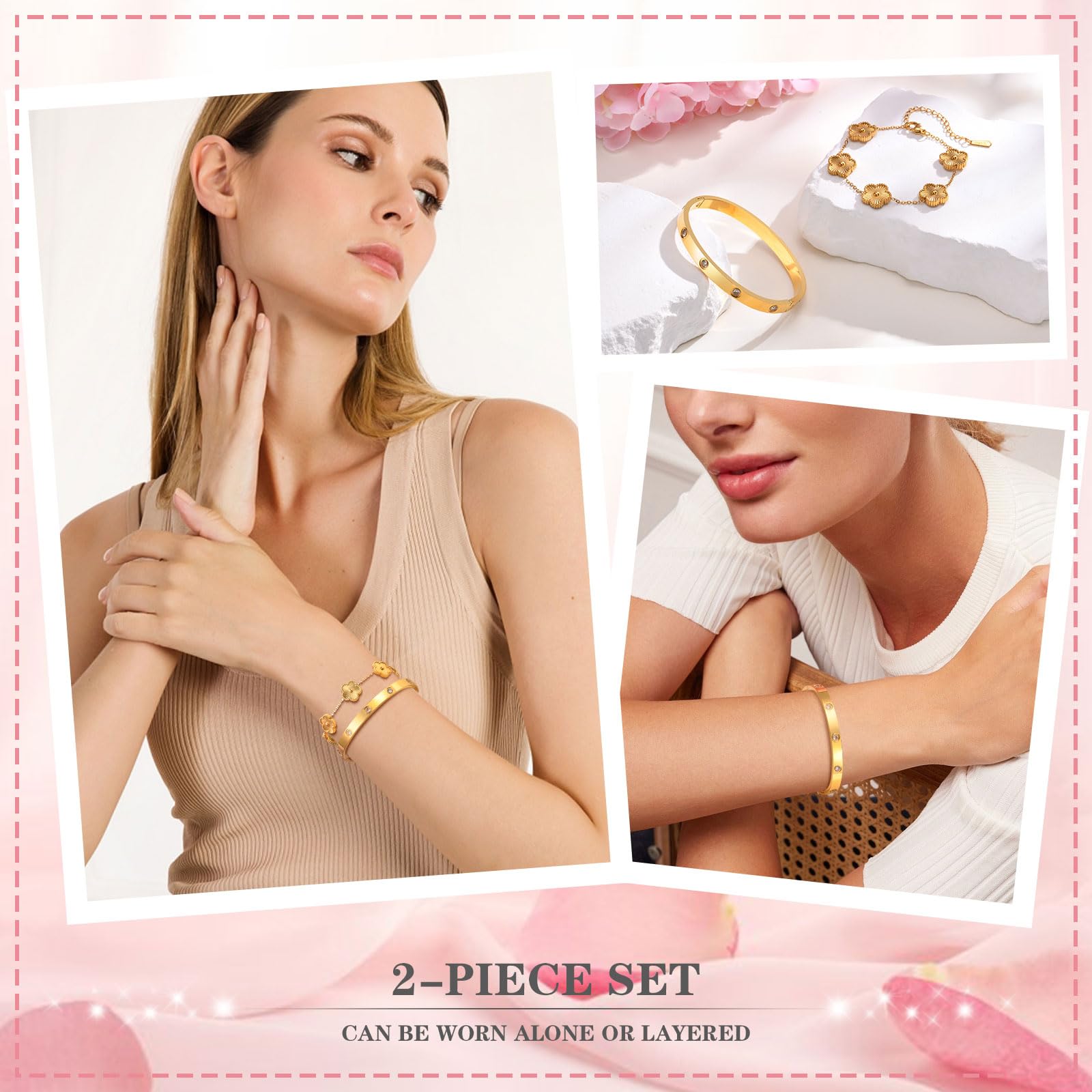 MPRAINBOW Womens Stackable Gold Bracelets Jewelry, 18K Gold Plated Floral Bangles Non Tarnish, Gold Cubic Zirconia Chain Set Trendy Gift,Christmas Valentines Birthday Gifts for Girlfriend
