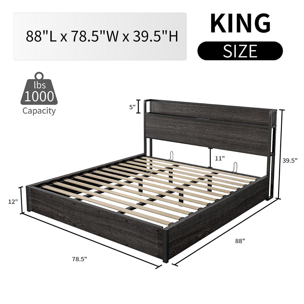 LUXOAK Full Size Lift Up Storage Bed, Wood Platform Bed Frame with Storage Headboard & Charging Station, No Box Spring Needed, Easy Assembly, Black
