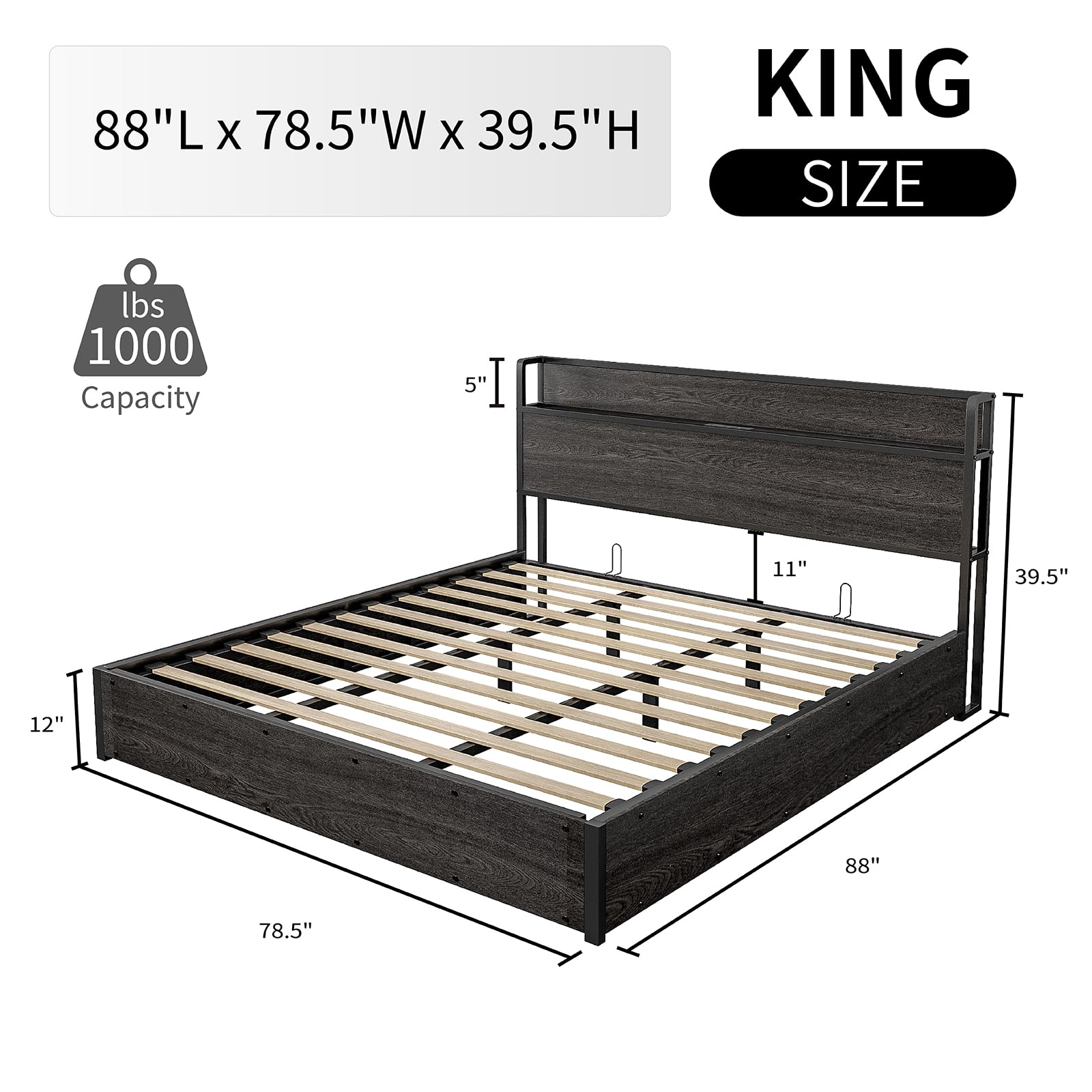 LUXOAK Full Size Lift Up Storage Bed, Wood Platform Bed Frame with Storage Headboard & Charging Station, No Box Spring Needed, Easy Assembly, Black