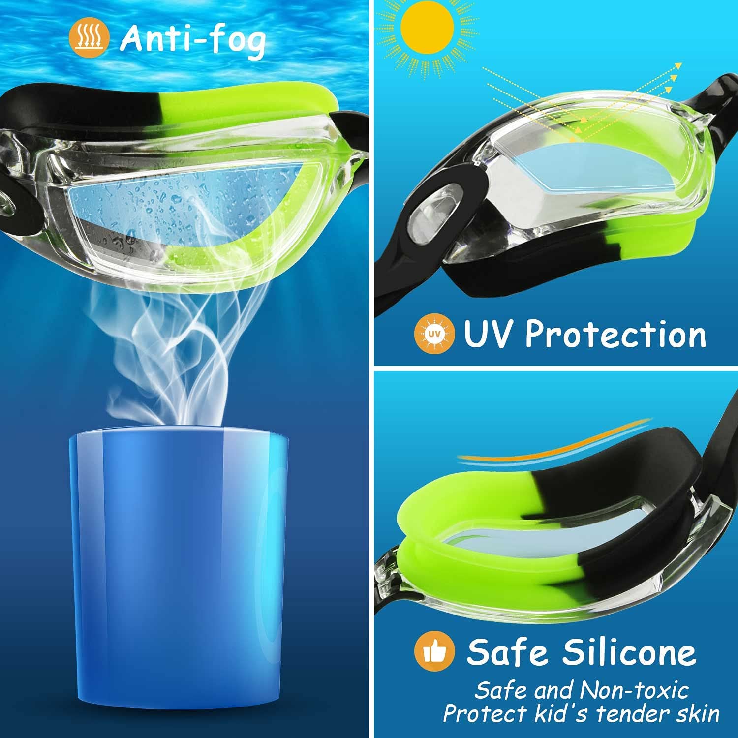 COOLOO Kids Swim Goggles, 2 Packs Swimming Goggles for Kids Girls Boys and Child Age 4-16