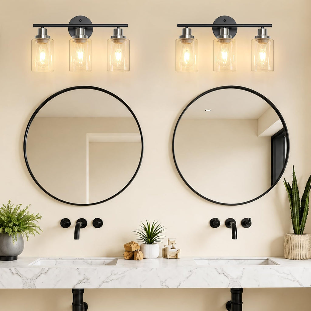 Unicozin 2 Pack Modern Bathroom Light Fixtures, 3 Light Vanity Lights, Black Wall Lamp with Clear Glass for Bathroom, Mirror, Living Room, Bedroom, Hallway, E26 Base