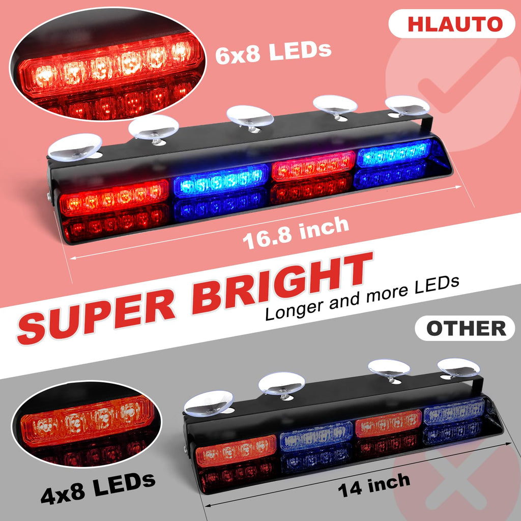 HLauto 604N Emergency Dash Strobe Lights: 2x16.8 inch Amber White Security Light w/Take Down, 48 LED Safety Flashing Warning Hazard Interior Windshield Light Bar for Truck Vehicle