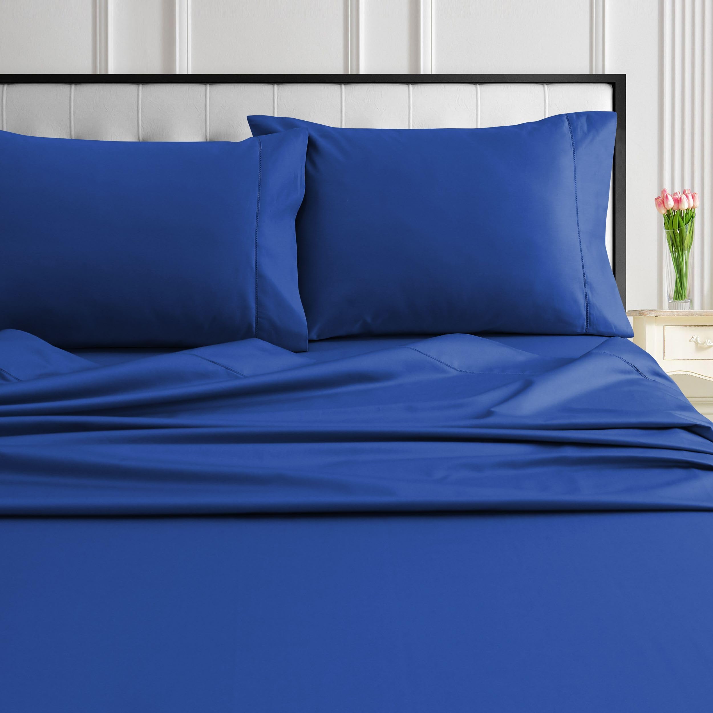 Tribeca Living 1000 Thread Count Egyptian Cotton Sheets King Size - Silky Smooth Sateen Weave for Luxurious Sleep - 22 Inch Deep Pocket 4-Piece Set in Classic Blue