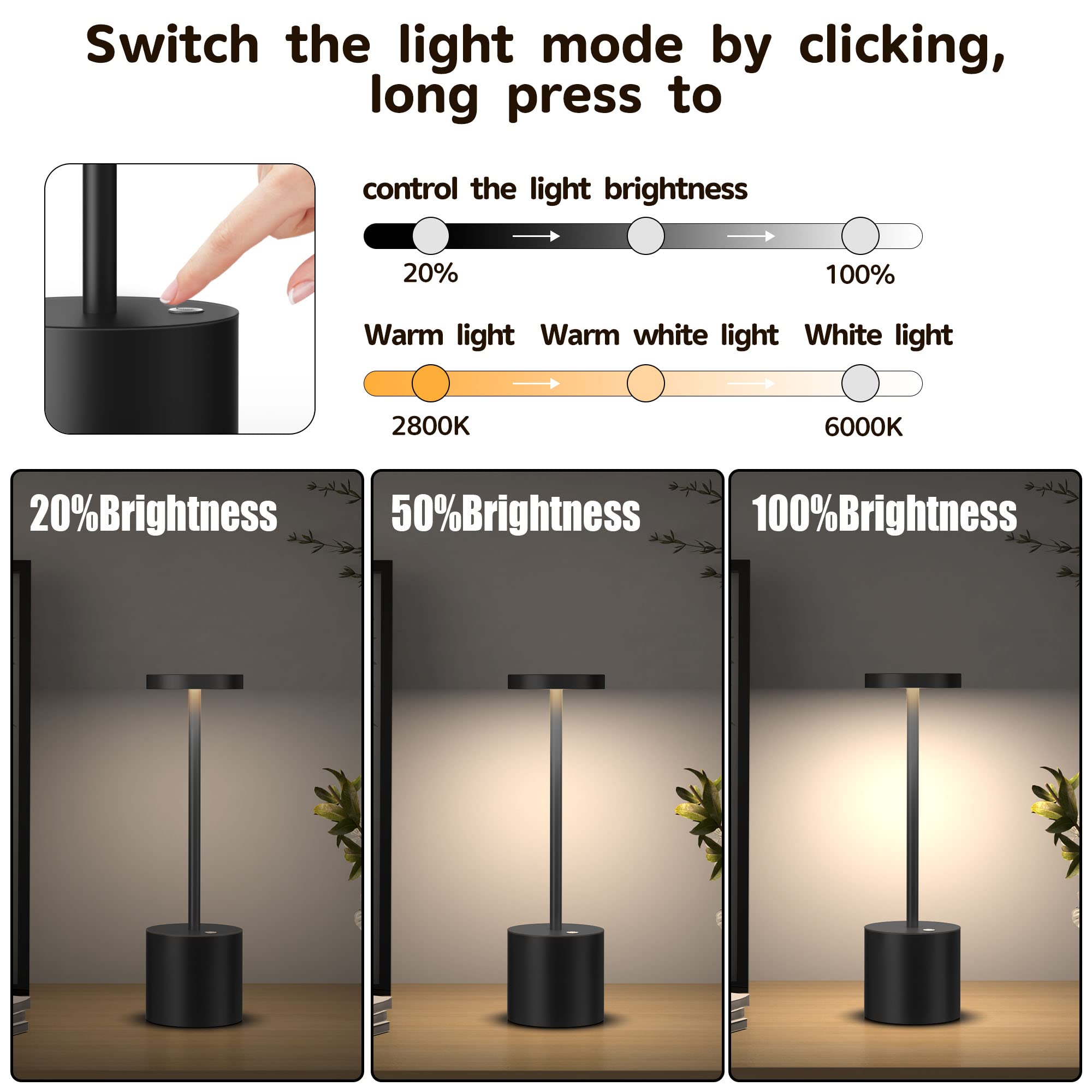 2Pack Cordless Table Lamp, Rechargeable LED Battery 5000mAh Metal USB Portable Powered Desk Lamp, 3 Levels Brightness Light for Restaurants Outdoor (2pack 10.25in Titanium)