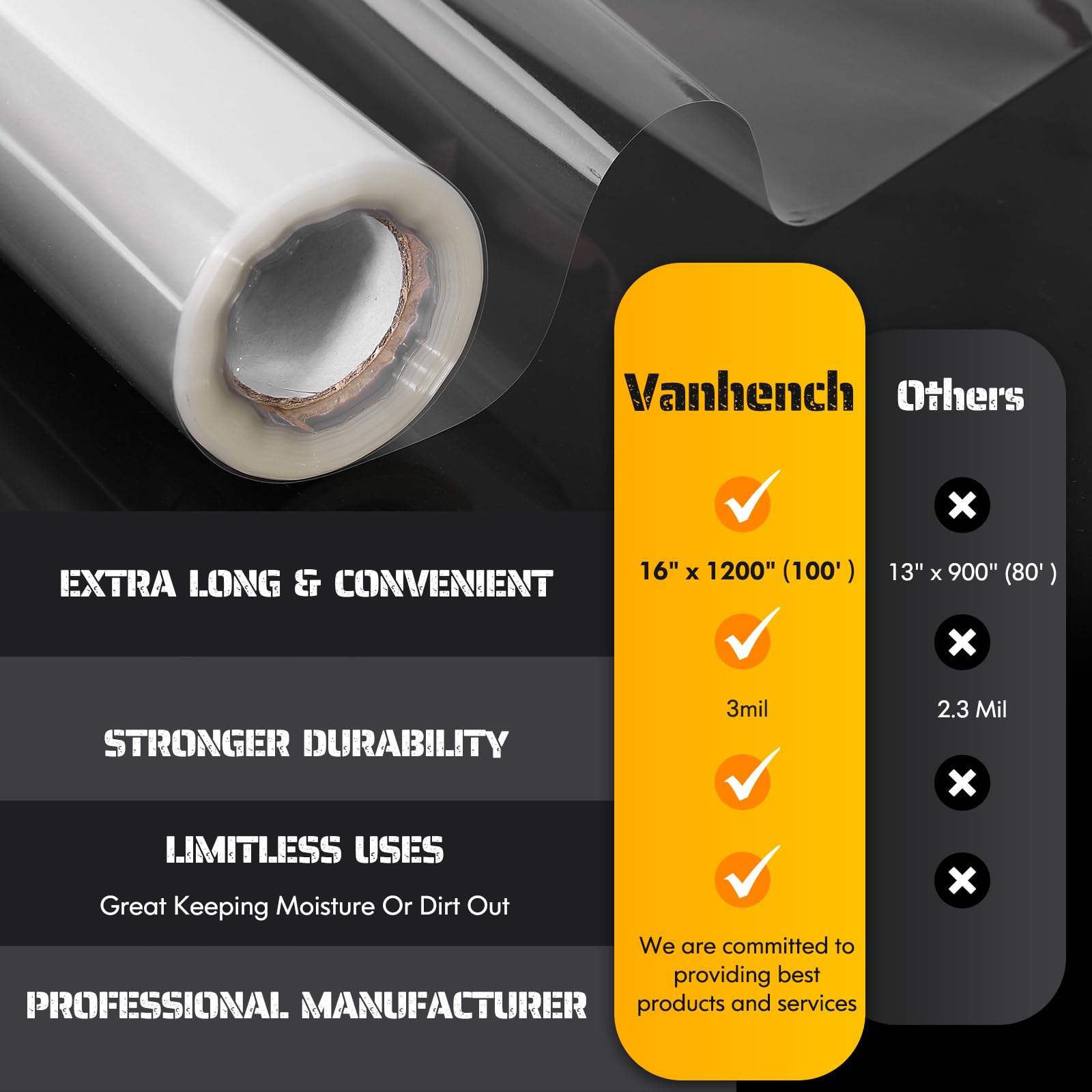 Vanhench Clear Cellophane Wrap, 16" x 200' 3Mil Thick Cellophane Wrap Roll for Gift Basket Treats Goodie Bouquet Flower Wrapping, Clear Plastic Wrap for Gifts Table Covering Packing Supplies
