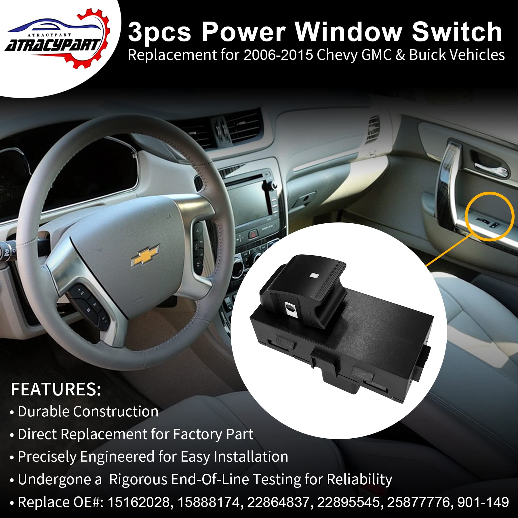 Power Window Switch Passenger Front Right, Rear Left or Right | Window Buttons | Fits GMC Acadia, Sierra, Chevy Silverado, Tahoe & More Year Model 2006-2015 | #22895545, 15888174