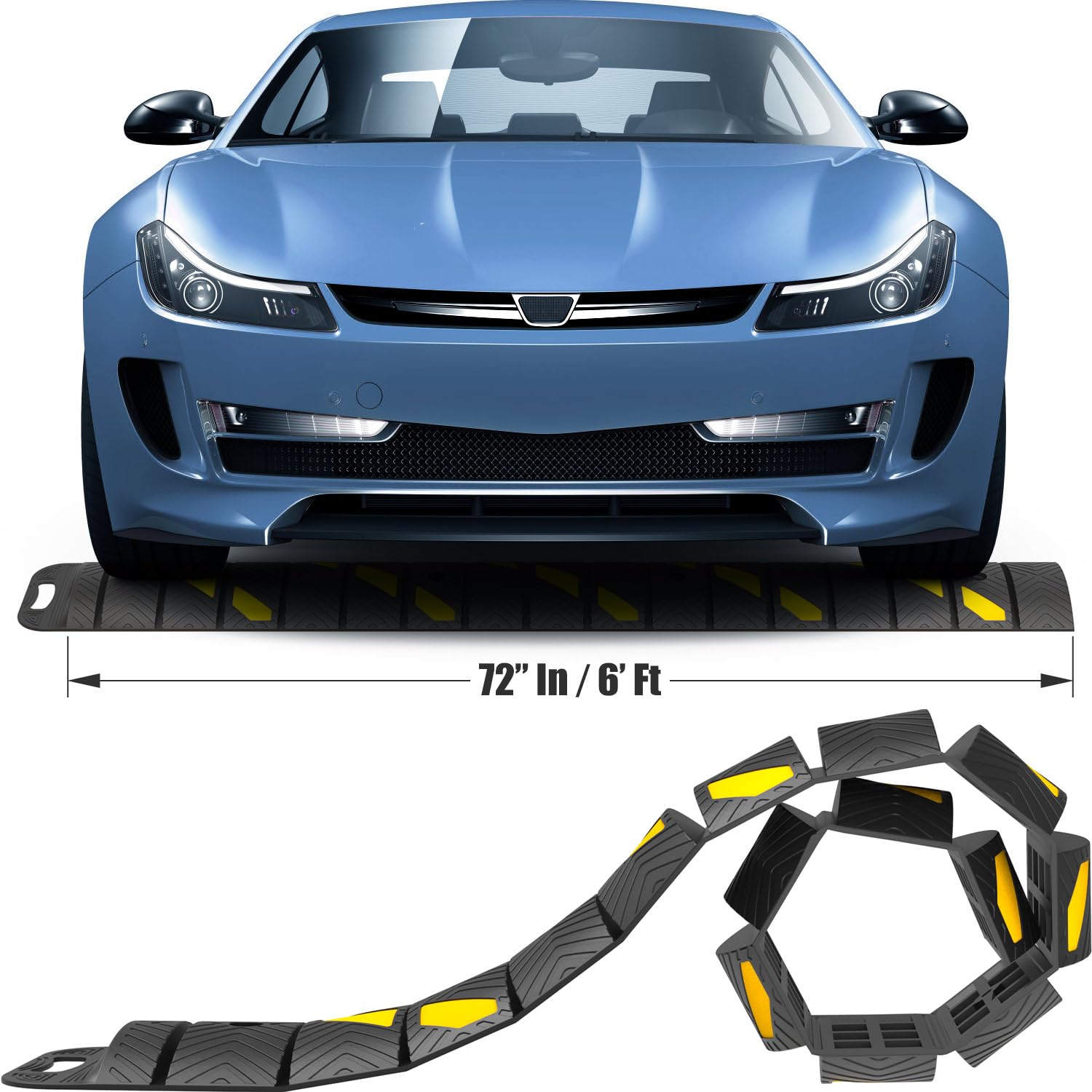 72" x 10" x 2" inch Portable Speed Bump Hump, 6' Feet Durable Collapsible Road Safety Bumps, Vehicles Hump Bumps for Asphalt Concrete Gravel Garage Driveway Roads Parking (72" Curlable Bump)