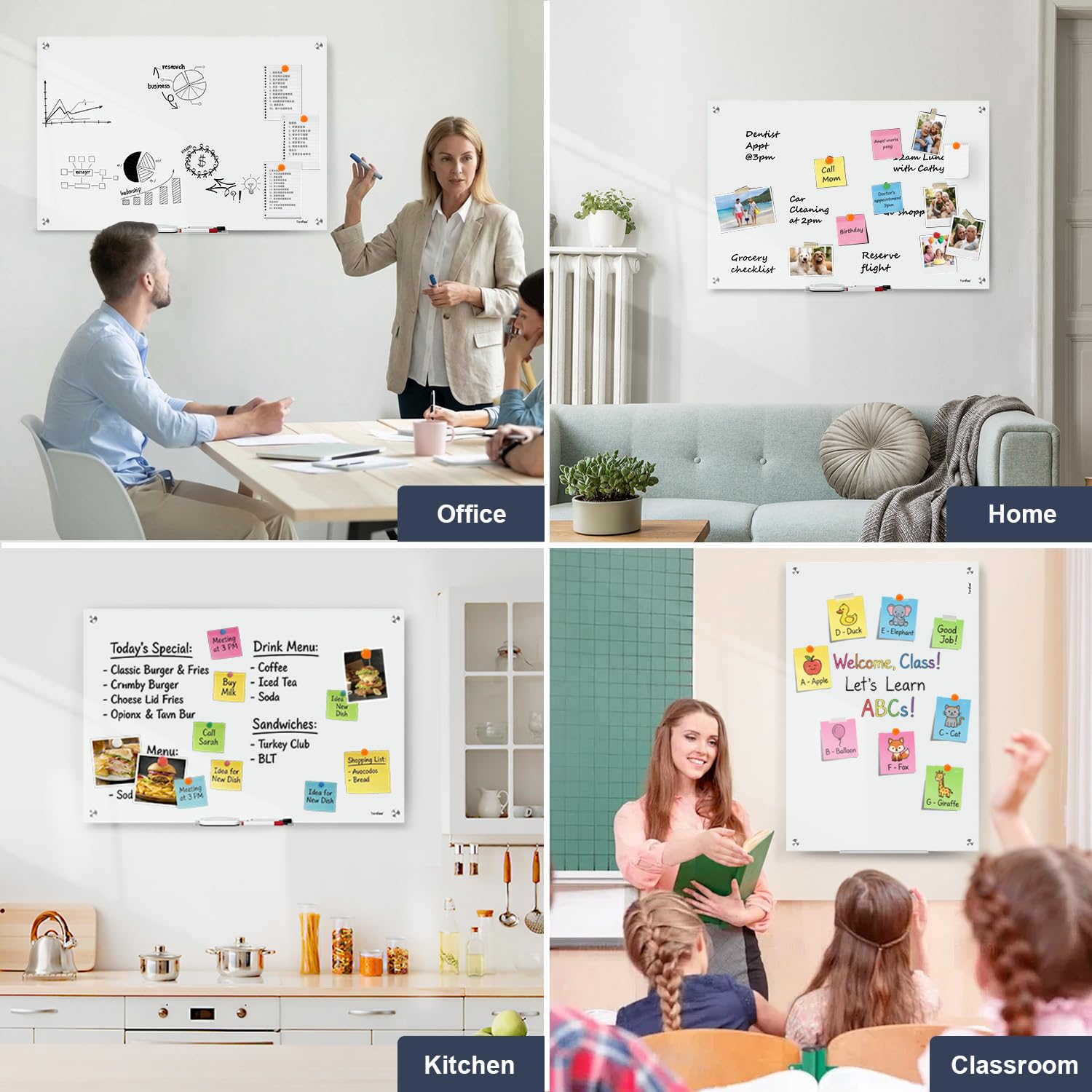 Dry Erase Board Black Magnetic Glass Whiteboard, TANKEE Modern Large Frameless Tempered Glass White Board for Wall, Office, School, Home, 36” x 24”, 3' x 2' White Board