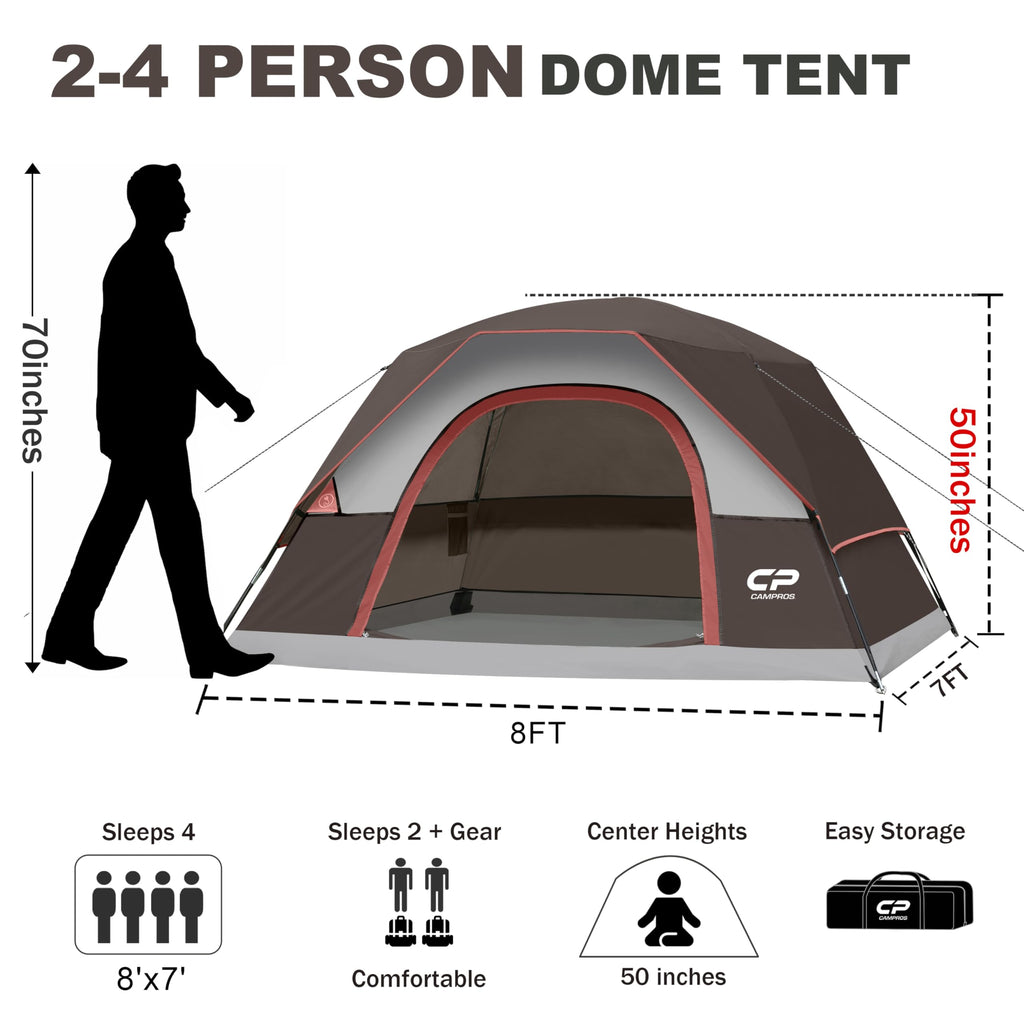 CAMPROS CP Camping Tent 2/4/6 Person, Waterproof Windproof Double Layer Dome Tent, Easy Setup with Large Mesh Windows & Wide Door for Outdoor Camping Backyard
