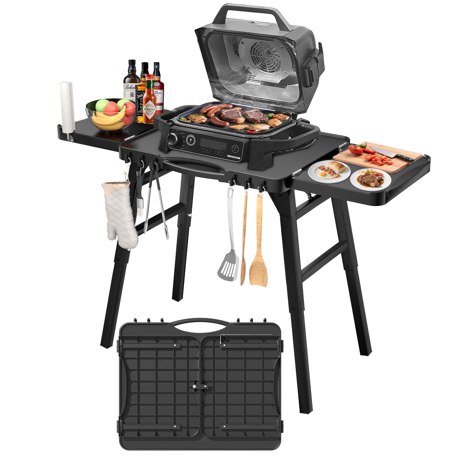 GRISUN Foldable Grill Table Stand for Ninja Woodfire Outdoor Grill（OG700/701/751), Portable Camping Table for Blackstone 22", Portable BBQ Stand with 2 Wheels, Side Table & Storage Basket
