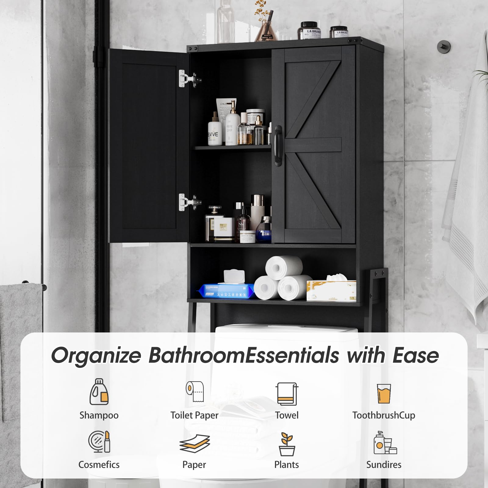 Vabches Over The Toilet Storage Cabinet with 2-Door Design Bathroom Organizers and Storage with Anti-Tip Device Over Toilet Organizer with Shelves for Bathroom,Restroom,Laundry Black