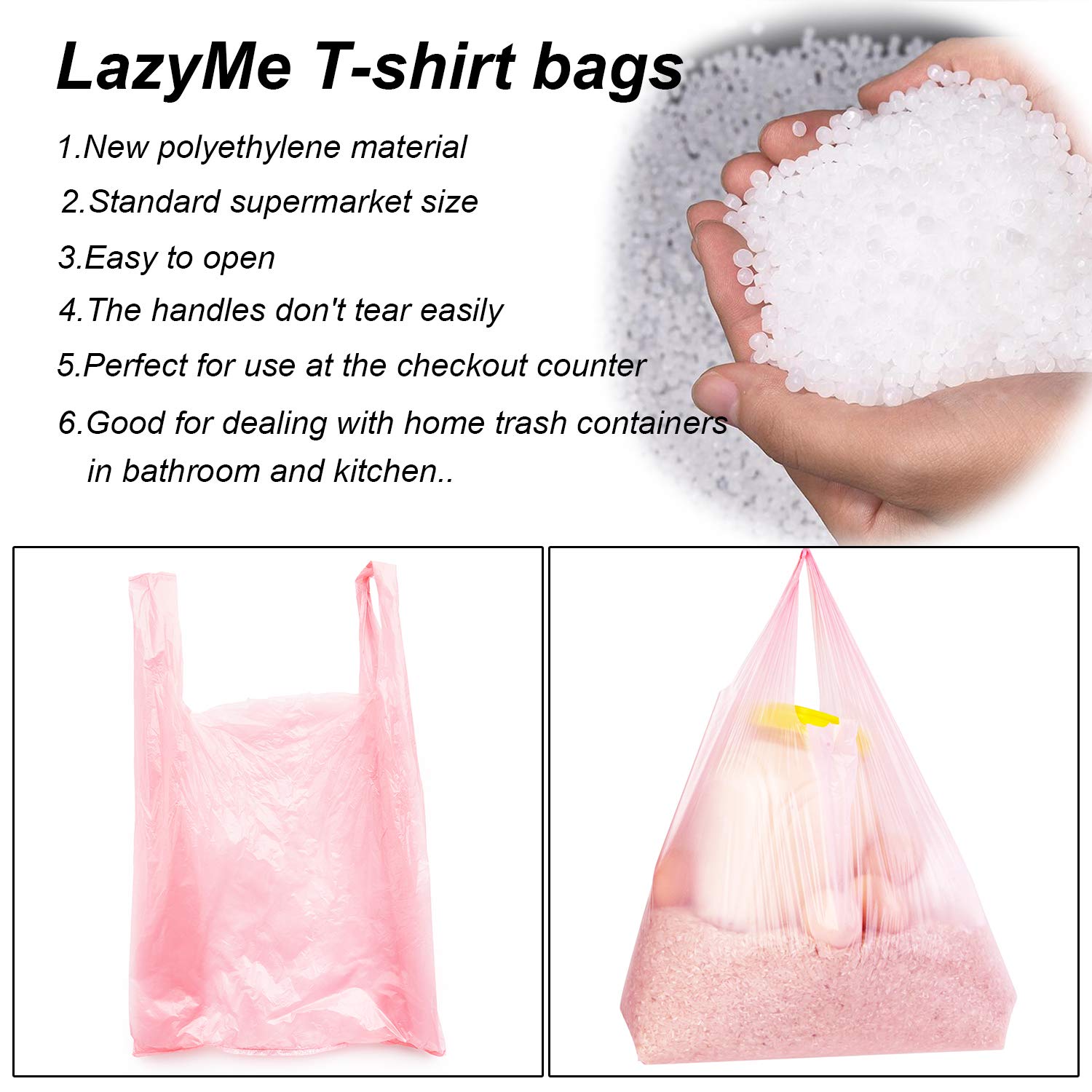 LazyMe T Shirt Bags, Bolsas De Plastico Para Negocio,12x20 Inches Plastic Shopping Bags with Handles for Grocery, Business, Restaurant Use (Pink 100pcs)