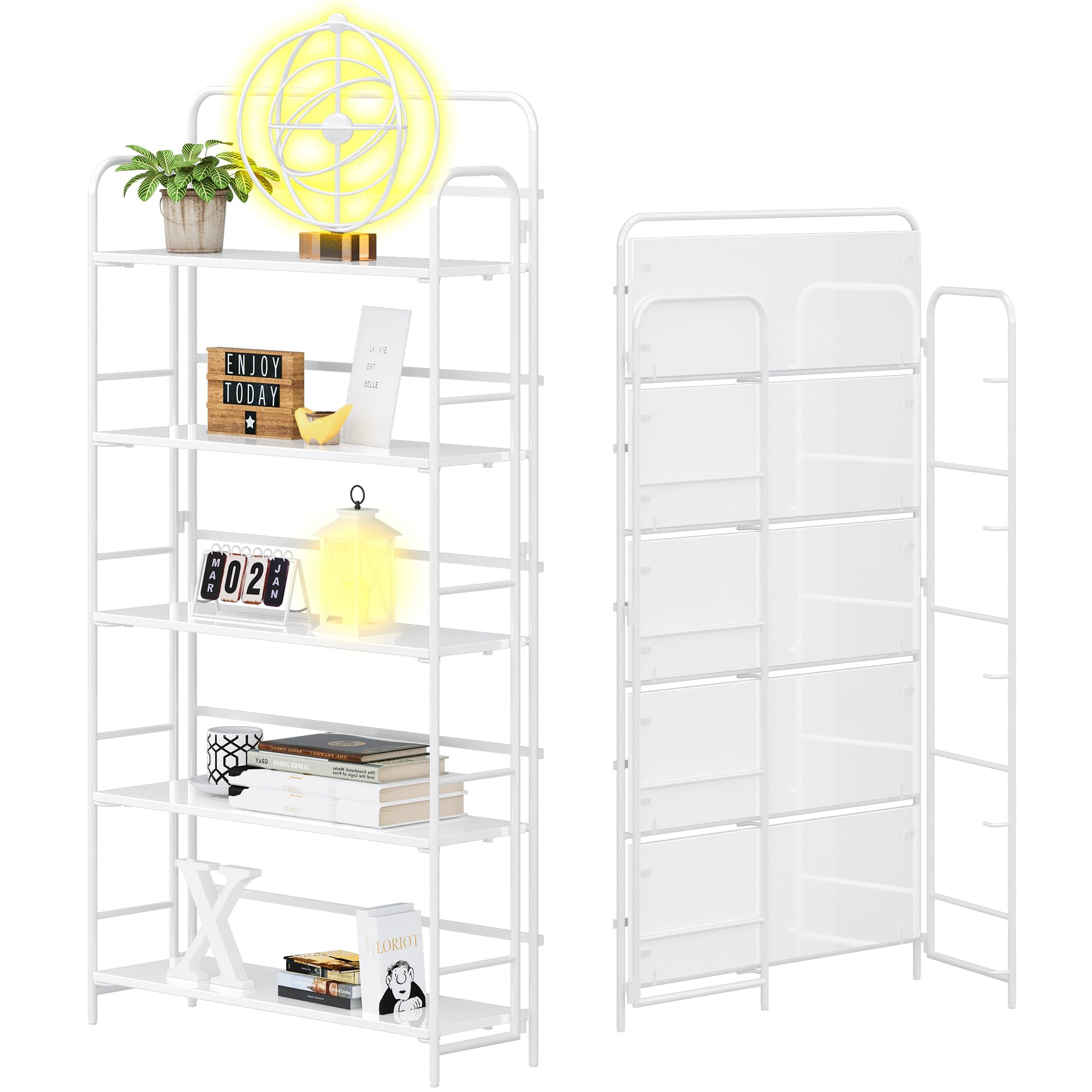 4NM No Assembly Folding Bookshelf, 3 Tiers Collapsible Book Shelves Open Industrial Foldable Storage Bookcase Shelf for Bedroom, Living Room, Home Office - Natural and White
