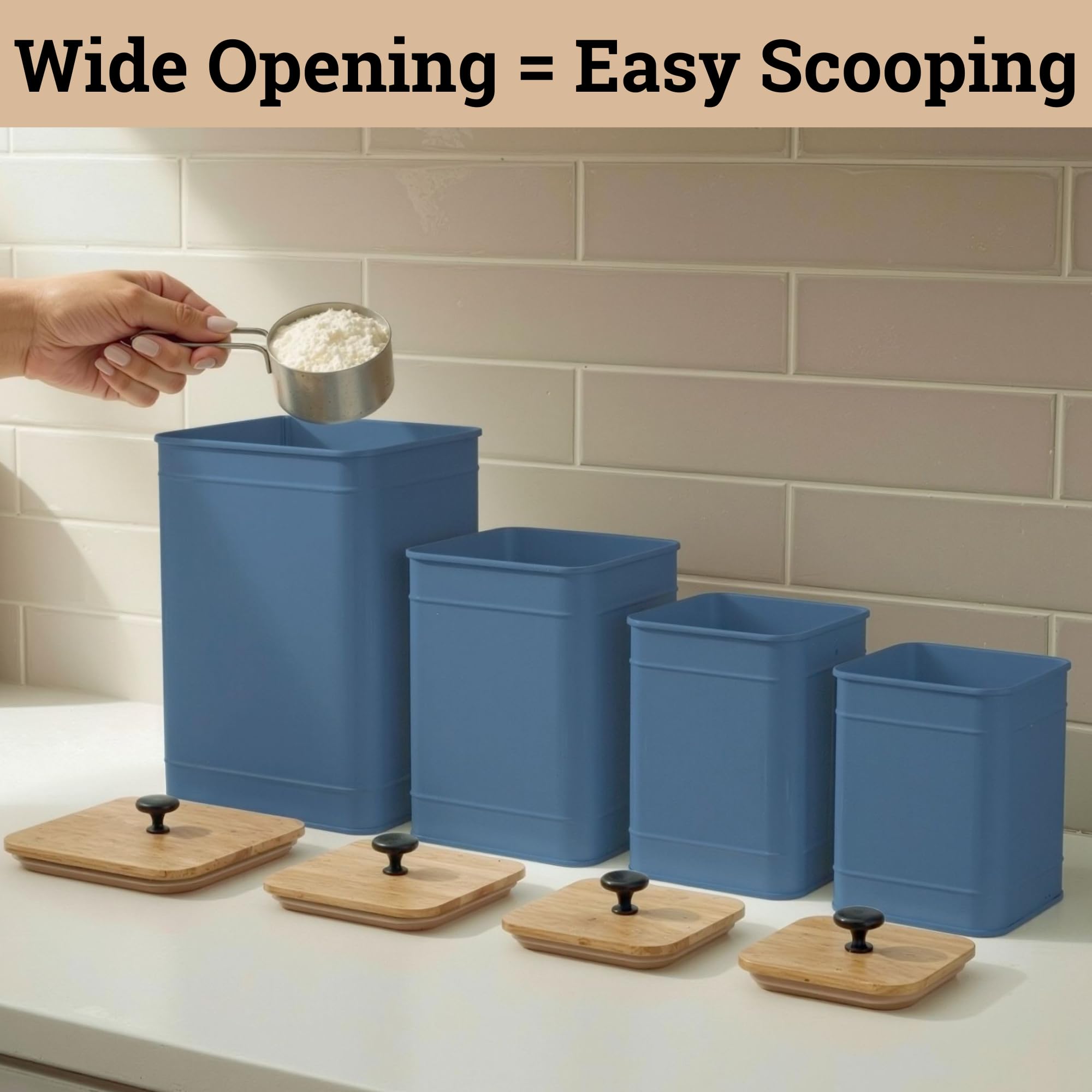 Kitchen Canisters for Countertop Set of 4 w/ Chalkboard Labels & Marker Pen | Airtight Easy Open Bamboo Lids, Dent-Resistant Thick Metal, Customizable Chalkboard Labels, Marker Pen Included, Set of 4