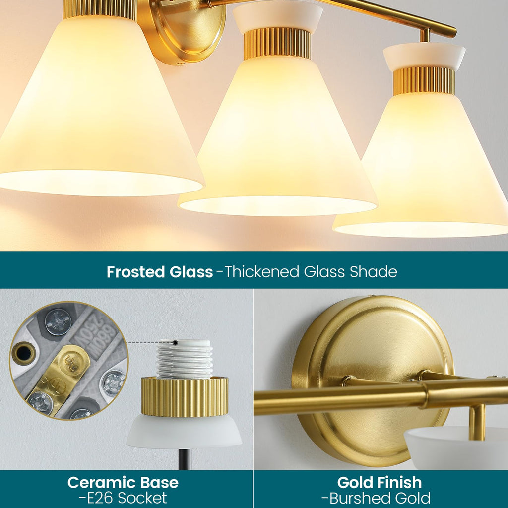 WOSHITU Gold Bathroom Light Fixtures: Modern Vanity Lighting Fixtures 2 Lights for Bathroom Mid Century Vanity Light Sconces Over Mirror with Frosted Milky Glass for Bath Bedroom Makeup
