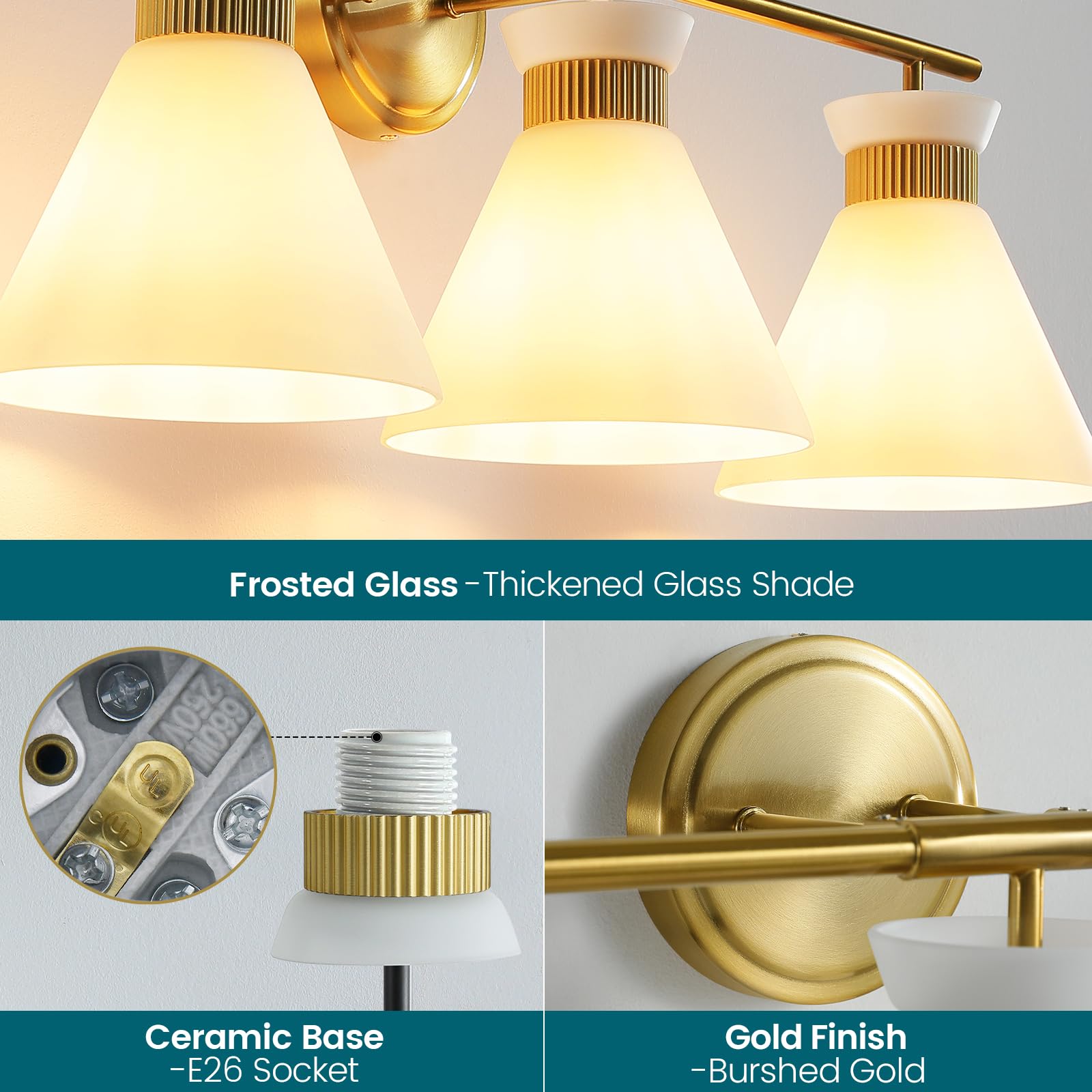 WOSHITU Gold Bathroom Light Fixtures: Modern Vanity Lighting Fixtures 2 Lights for Bathroom Mid Century Vanity Light Sconces Over Mirror with Frosted Milky Glass for Bath Bedroom Makeup