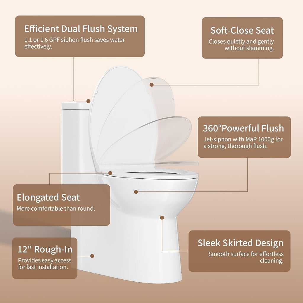 DeerValley Symmetry One Piece Toilet, Dual Flush 1.1/1.6 GPF Elongated Standard Toilet for Bathroom, Toilets with Comfortable Seat Height (Seat Included) (White)
