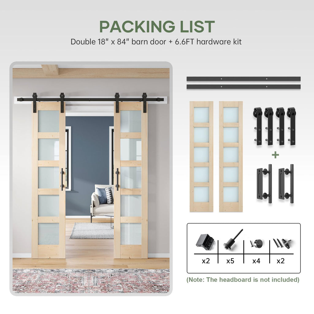 Double 18×84 inch Glass Sliding Barn Door Slab with 6.6ft Hardware Kit Included, 5-Panel Frosted Glass, Spruce Wood Support DIY Dyeing, Easy Assembly