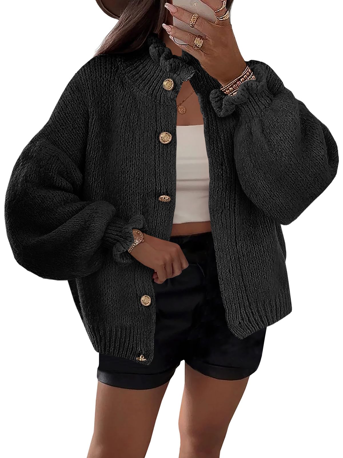 Saodimallsu Womens Ruffle Cardigan Oversized Button Up Fall Trendy Ribbed Knit Open Front Long Sleeve Loose Cute Sweater
