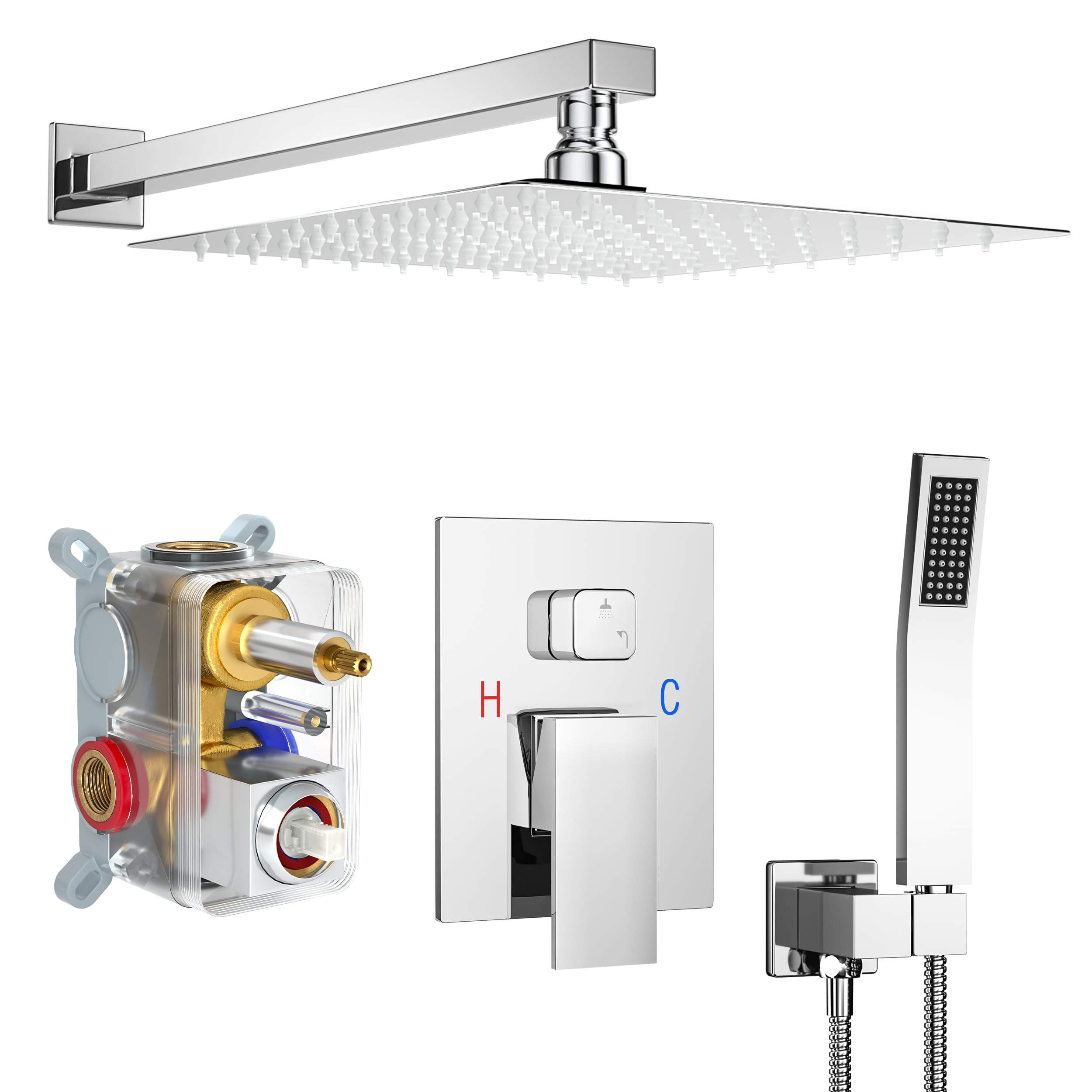 Brushed Gold Shower System with 10-Inch Rain Showerhead and Tub Spout | cUPC-certified pressure balance brass valve to prevent scalding, CEC-certified air injection technology for low pressure