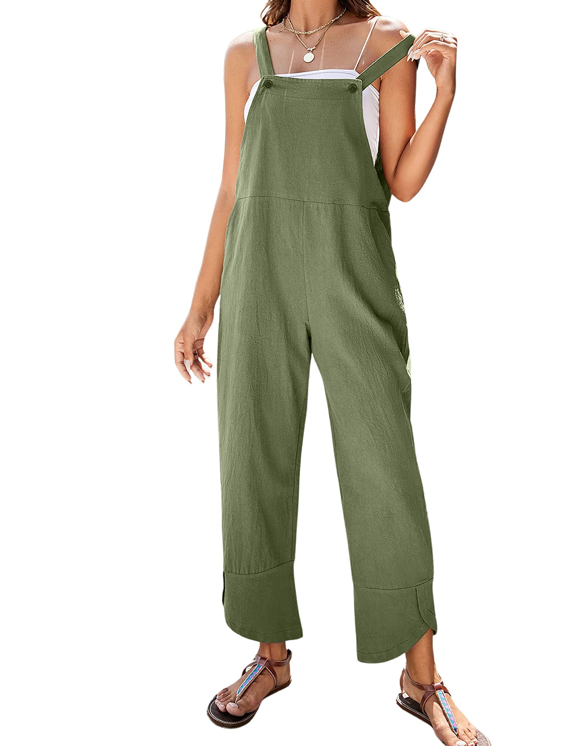APAFES Women Summer Sleeveless Cotton Linen Bib Overalls Tulip Baggy Capri Jumpsuits with Pockets