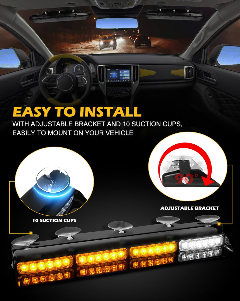 HLauto 604N Emergency Dash Strobe Lights: 2x16.8 inch Amber White Security Light w/Take Down, 48 LED Safety Flashing Warning Hazard Interior Windshield Light Bar for Truck Vehicle