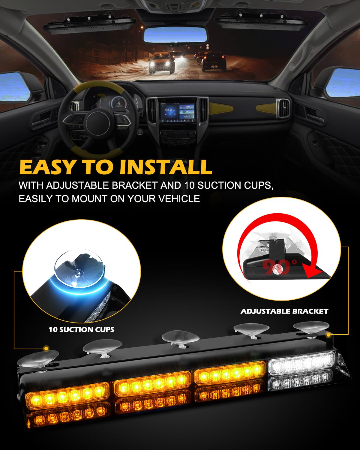 HLauto 604N Emergency Dash Strobe Lights: 2x16.8 inch Amber White Security Light w/Take Down, 48 LED Safety Flashing Warning Hazard Interior Windshield Light Bar for Truck Vehicle