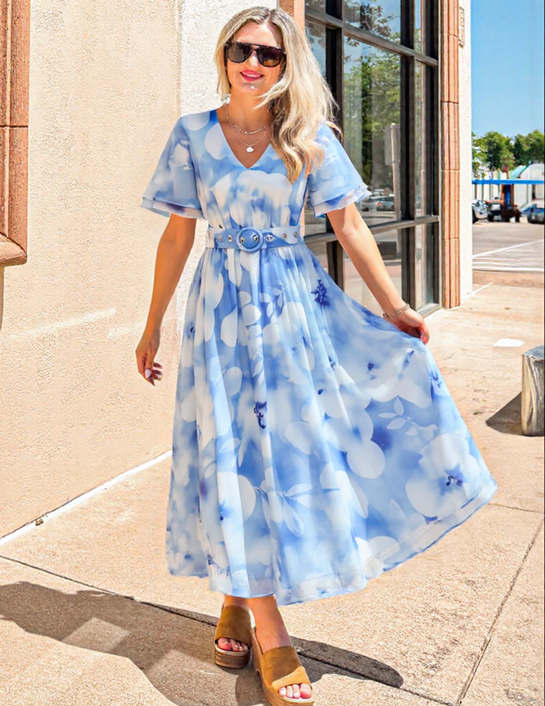 ZESICA Women's 2026 Summer Floral V Neck Midi Dress Boho Short Sleeve High Waist Flowy Beach Vacation Dresses with Belt