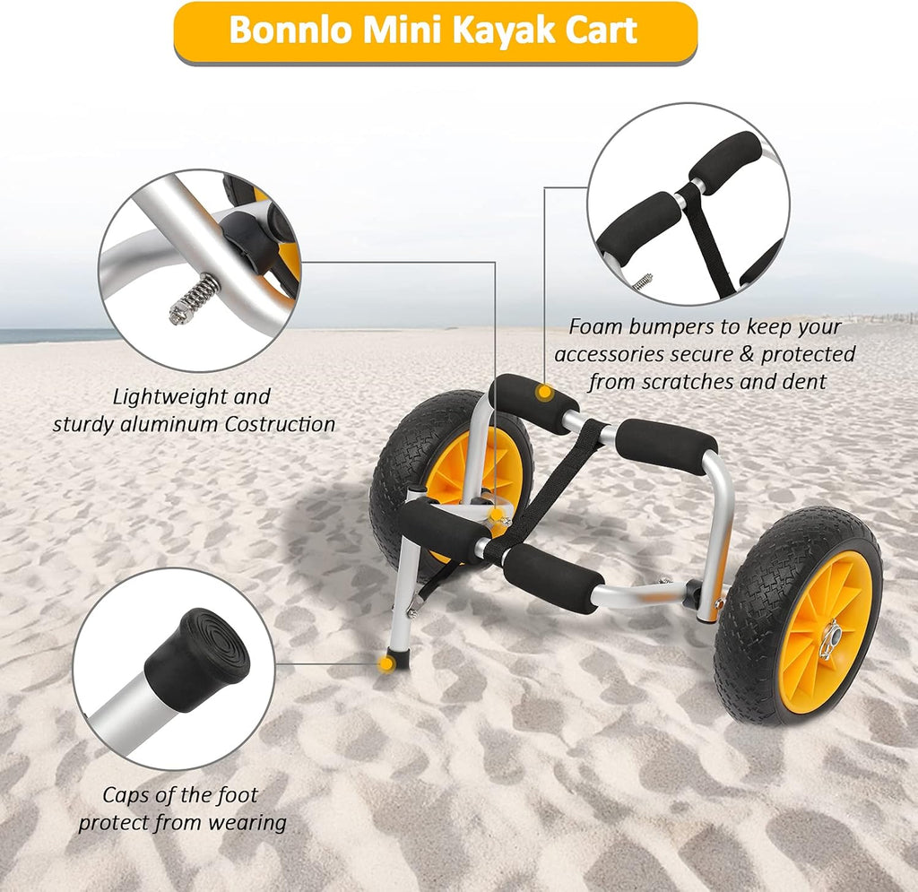 Bonnlo Kayak Car Foldable Aluminum Kayak Trailer with 10'' Solid Tires, Universal Kayaks Wheel Cart Dolly for Canoe, Paddle Board, Boat, Float Mats, Jon Boat