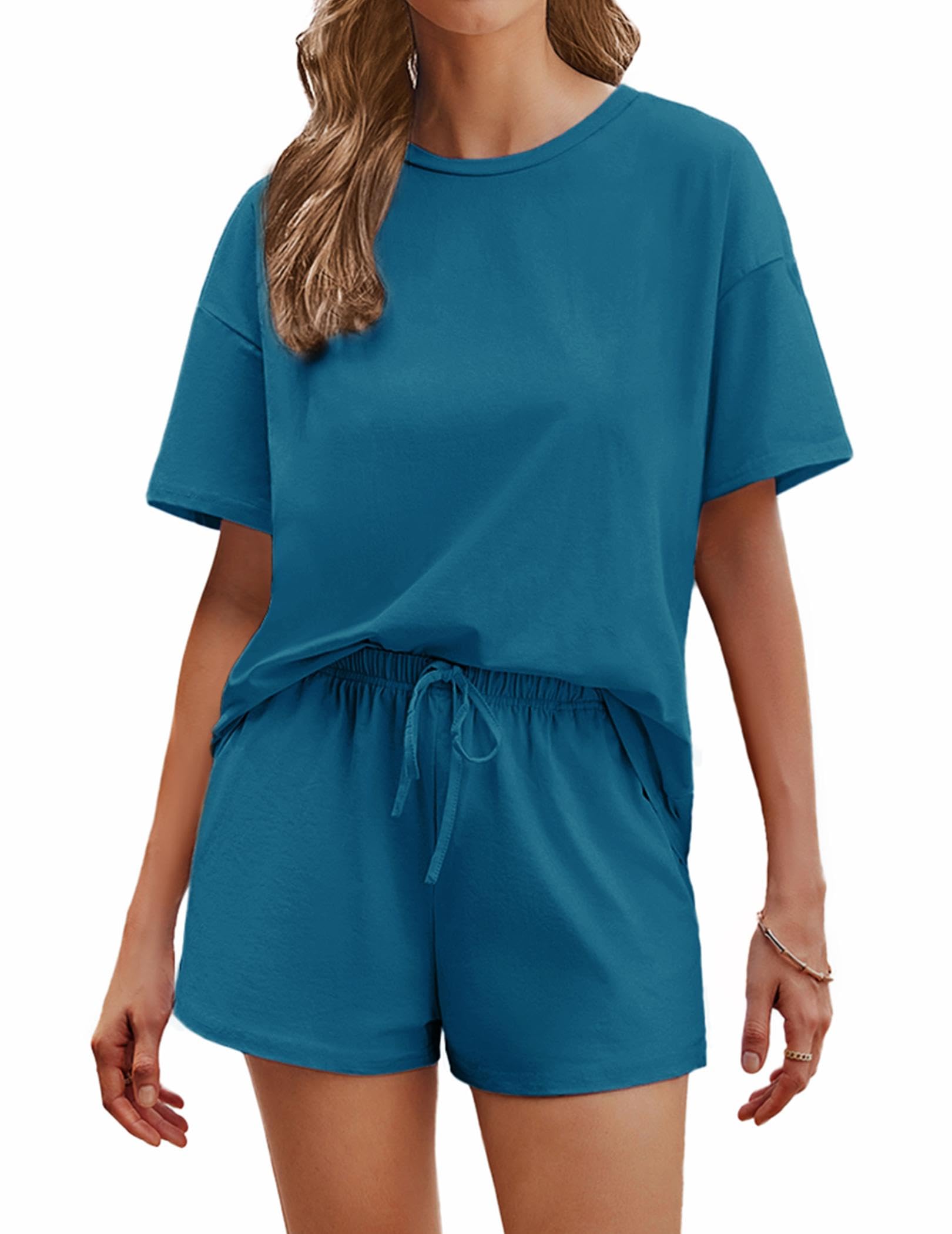 Ekouaer Cotton Pajamas Set for Womens Soft Short Sleeve Lounge Set Shorts Sleepwear Set 2 Piece Pjs Sets