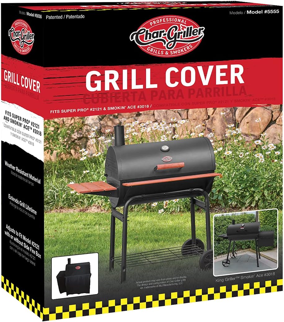Char-Griller® Durable Polyester Grill and Smoker Cover with Waterproof Material, PVC Lining, and Extendable Design in Black, 46"L x 23"W x 48.5"H, Model 5555