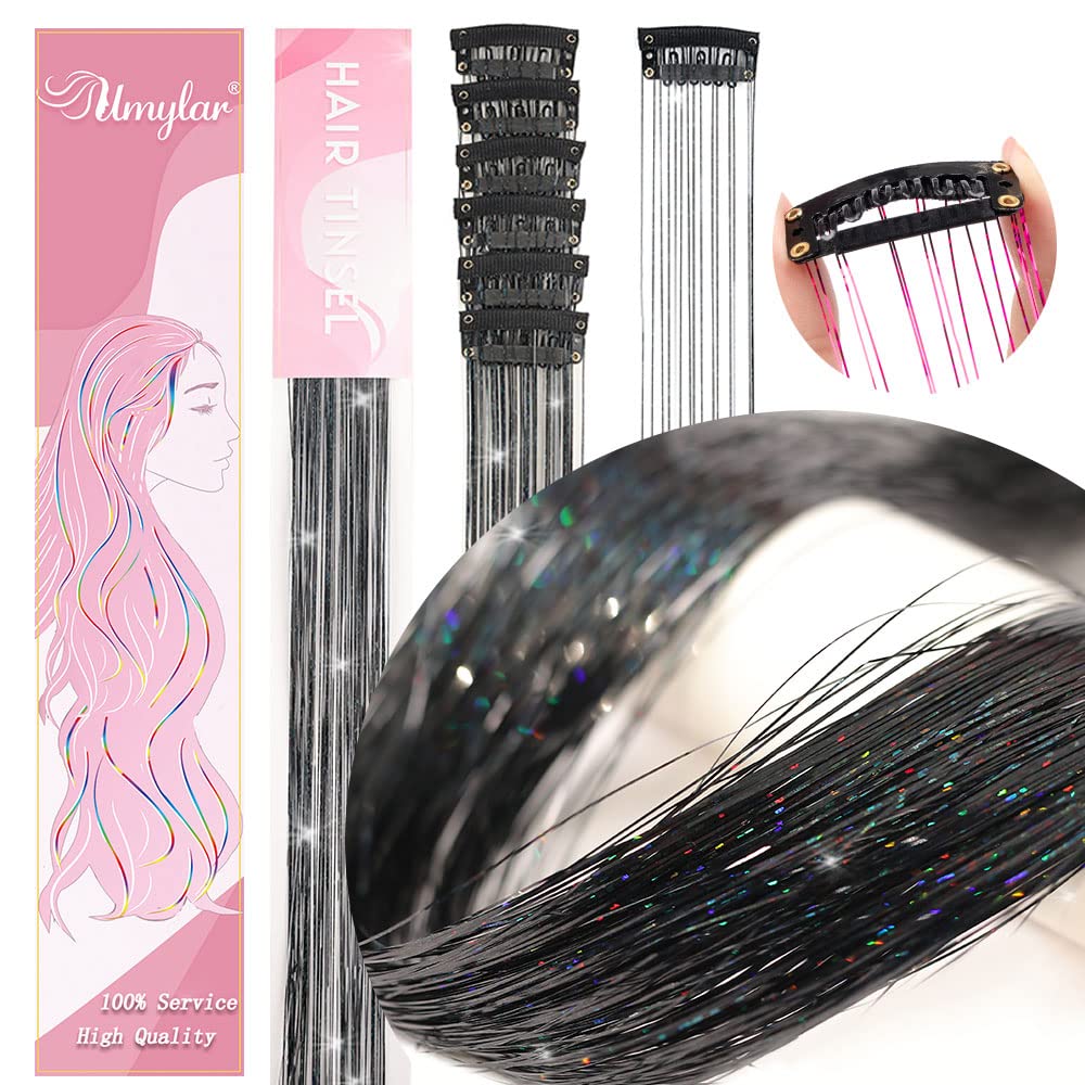 Clip in Hair Tinsel, Pack of 12 Pcs 20 Inch,Glitter Tinsel Hair Extensions, Festival Tinsel Fairy Hair Extension Party Dazzle Hair Accessories Strands Kit for Women Girls(12Pcs,Black#)