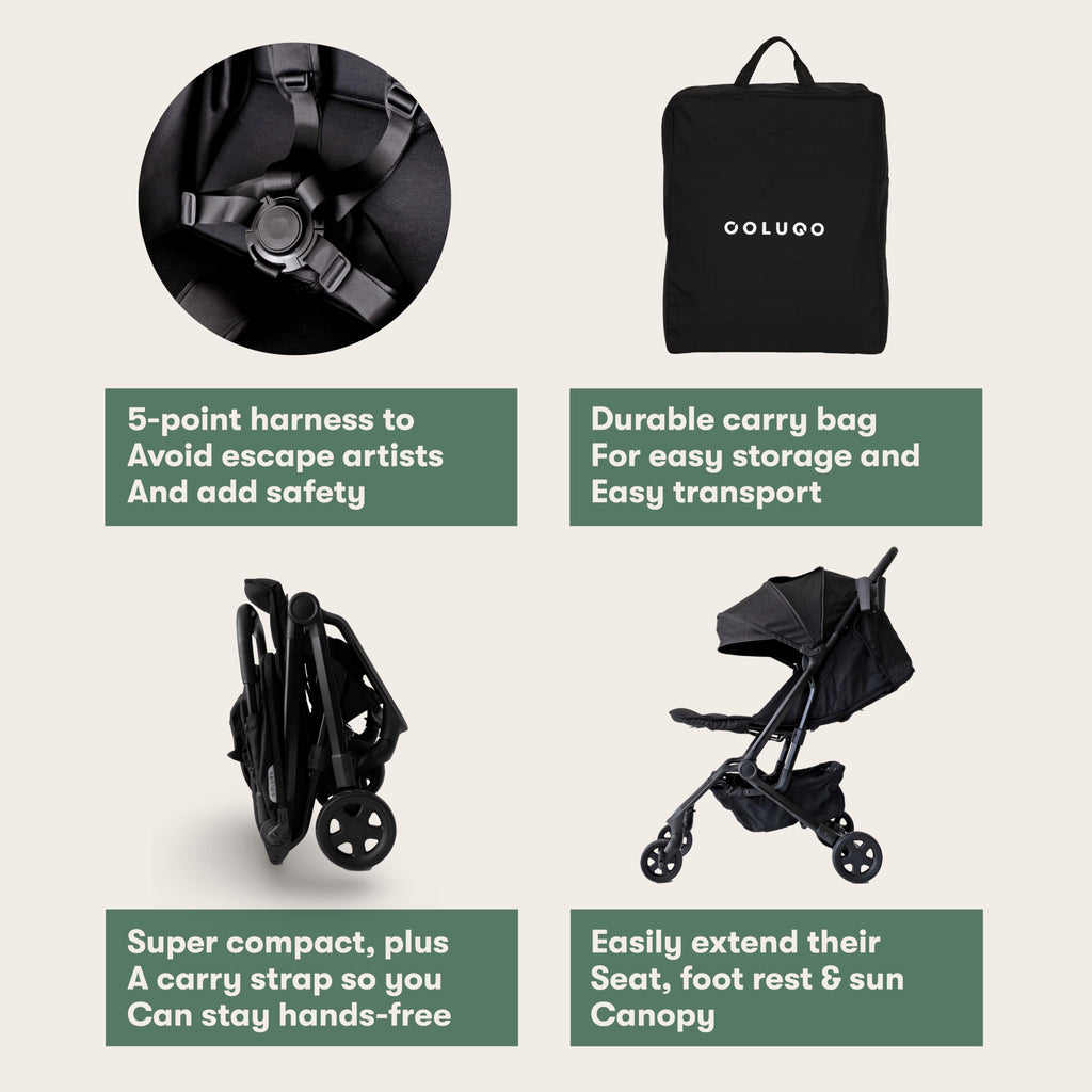 Colugo Compact Stroller+ Lightweight Travel Stroller 16lb, One-Hand Auto-Fold, Multi-Position Recline, for Infants and Toddlers Ages 6 Months to 4 Years, Rain Cover, Backpack and Cup Holder, Black