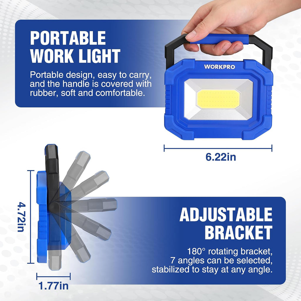 WORKPRO LED Work Light, Rechargeable Magnetic Work Lights with Stand, Portable 2000LM COB Flood Light for Camping, Fishing, Car Repair, Job Site Lighting, Hiking, 4 Modes, 2 Pack