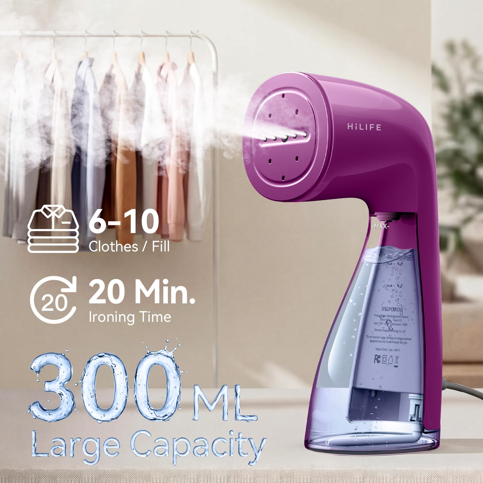 HiLIFE Steamer for Clothes, Portable Handheld Design, 240ml Big Capacity, 700W, Strong Penetrating Steam, Removes Wrinkle, for Home, Office and Travel(ONLY FOR 120V) (Olive Green)