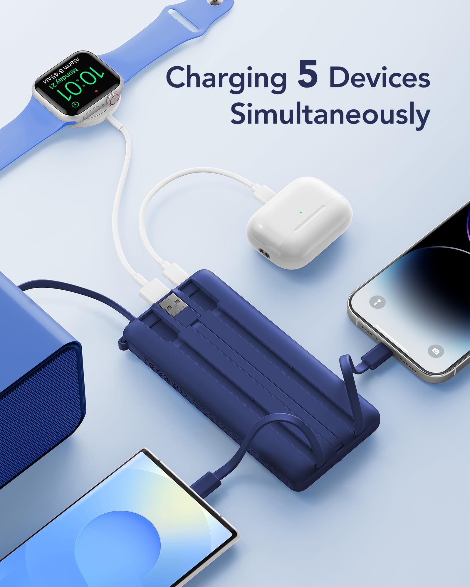 VRURC Portable Charger Power Bank, USB C Battery Pack 10000mAh, Flight-Safe Travel Essentials, 5 Outputs 2 Inputs Slim Phone Charging Bank Built-in Cables for Multi Devices-Lavender(1 Pack)