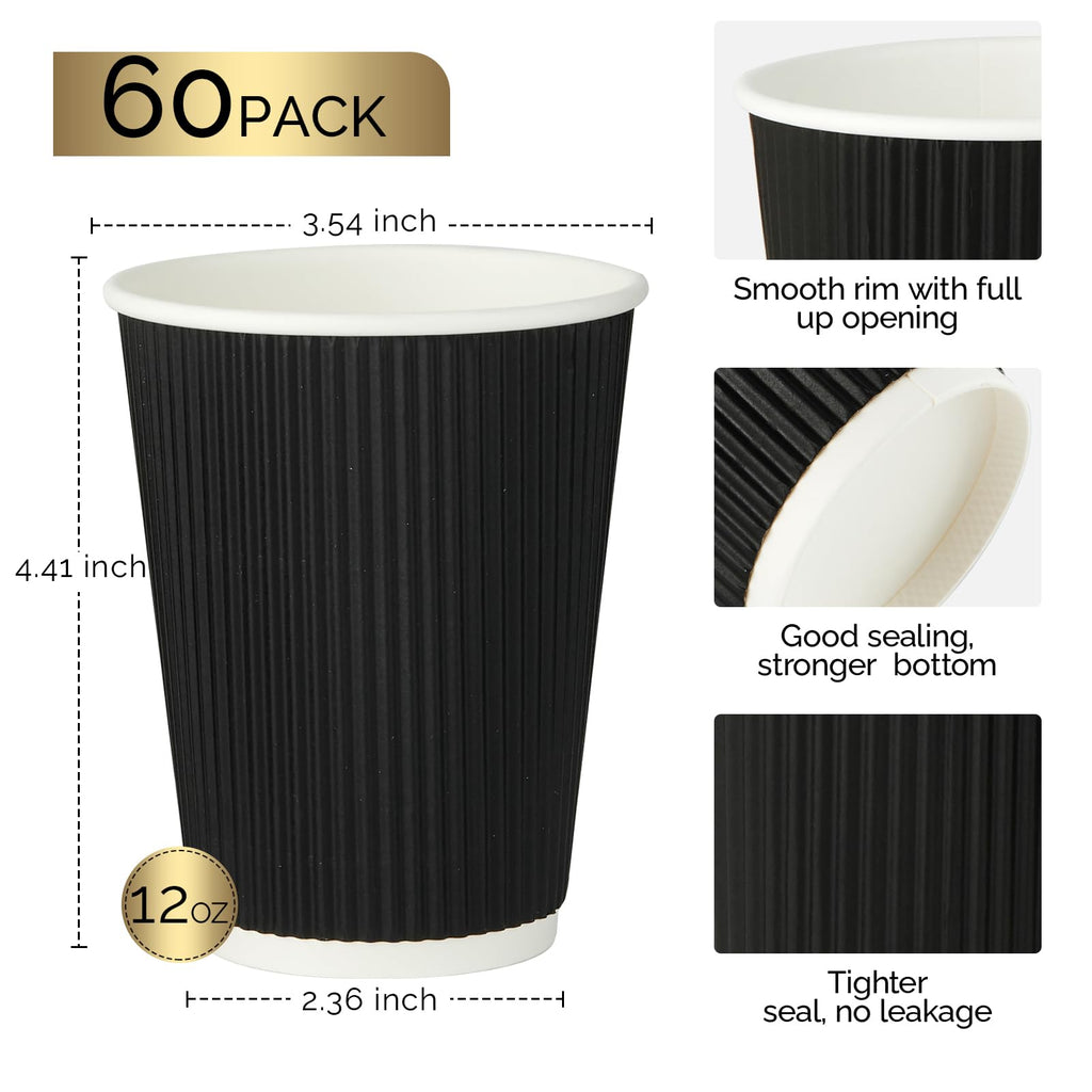 JollyPack 60 Pack 12 oz Paper Coffee Cups, Black Disposable Beverage Cups with Insulated Ripple Wall for Coffee, Tea, and Hot Chocolate