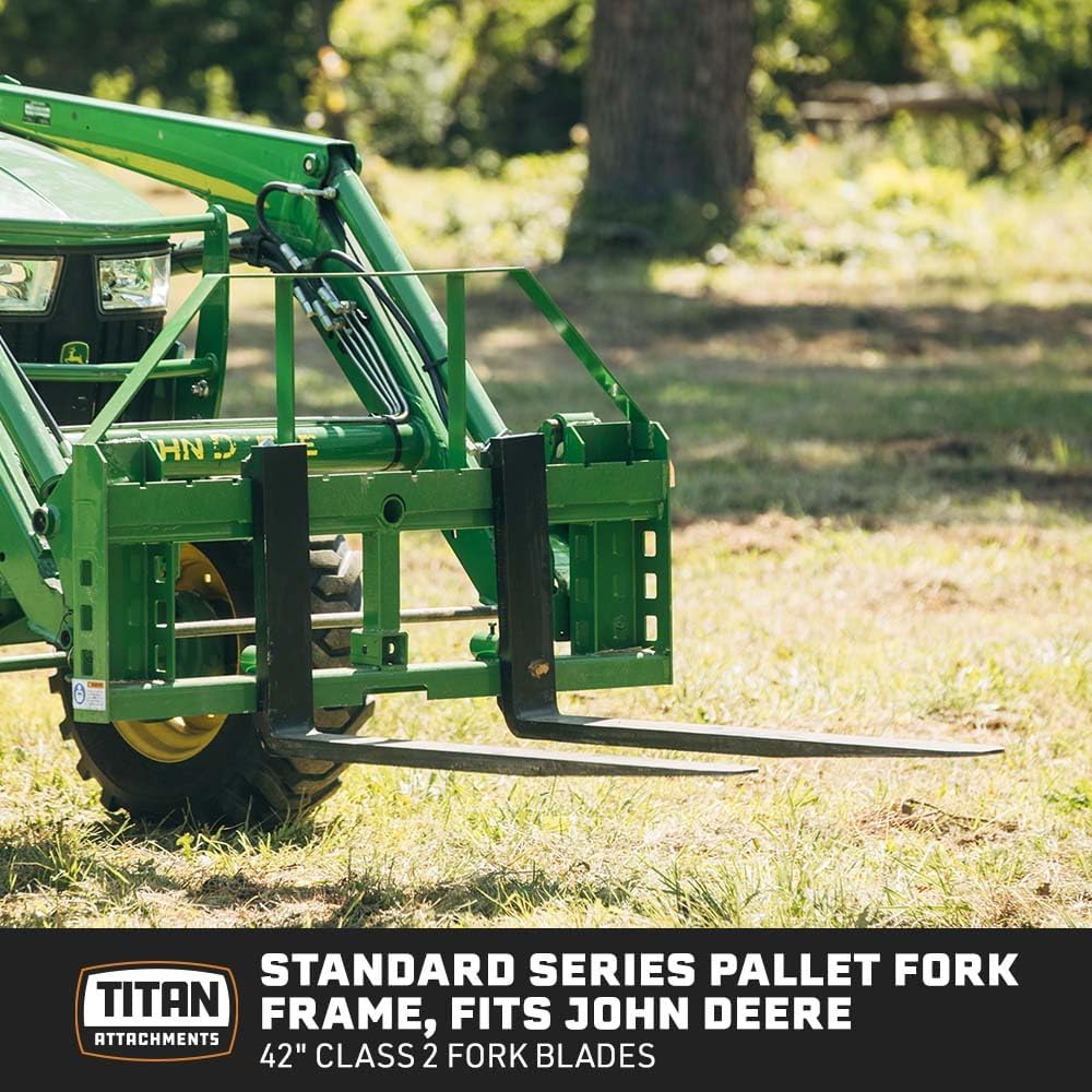 Titan Attachments 50-in Pallet Fork Frame Attachment, 4,000 LB Capacity, Receiver Hitch and 42-in Fork Blades, Fits JD