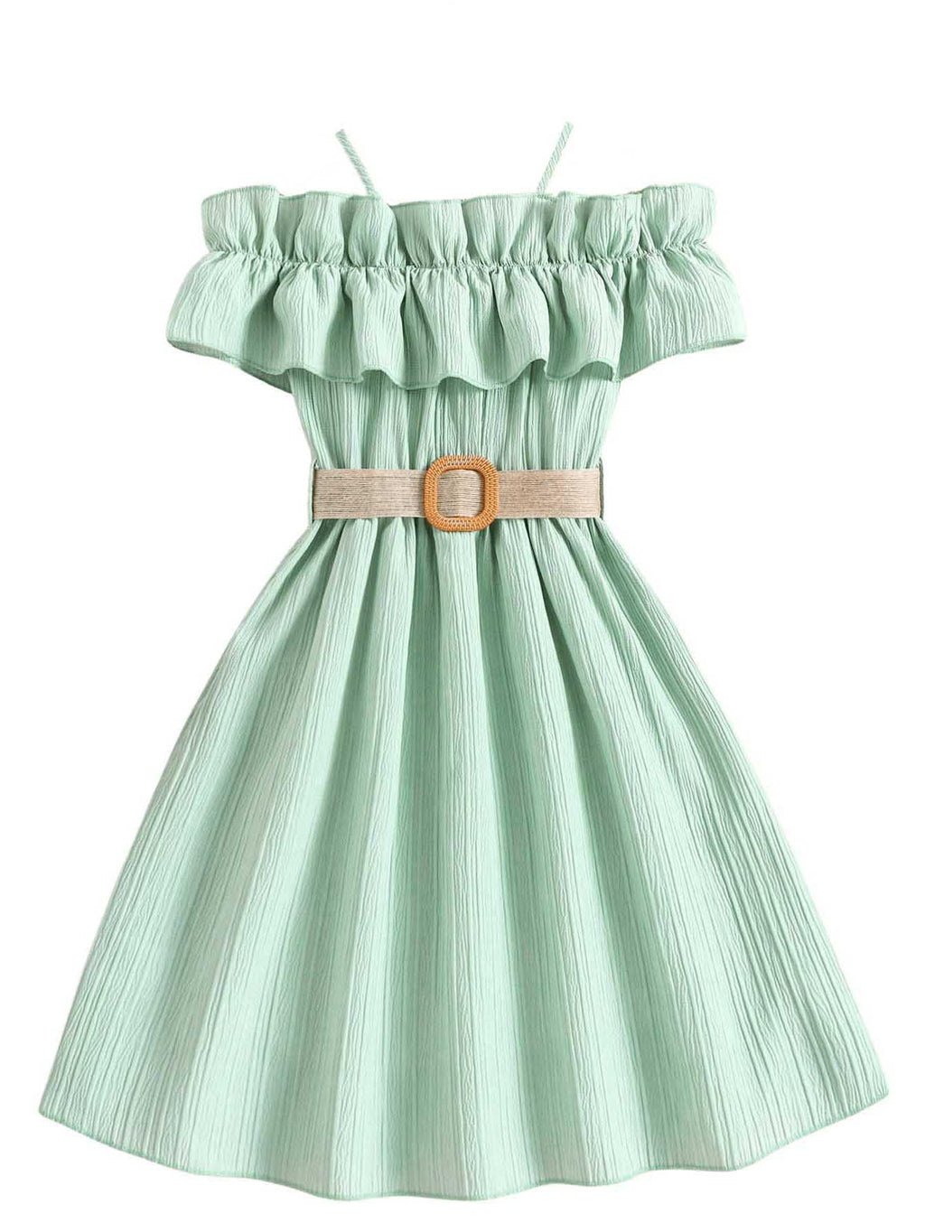 Floerns Girls Cold Shoulder Ruffle Trim Short Sleeve Belted A Line Midi Dress