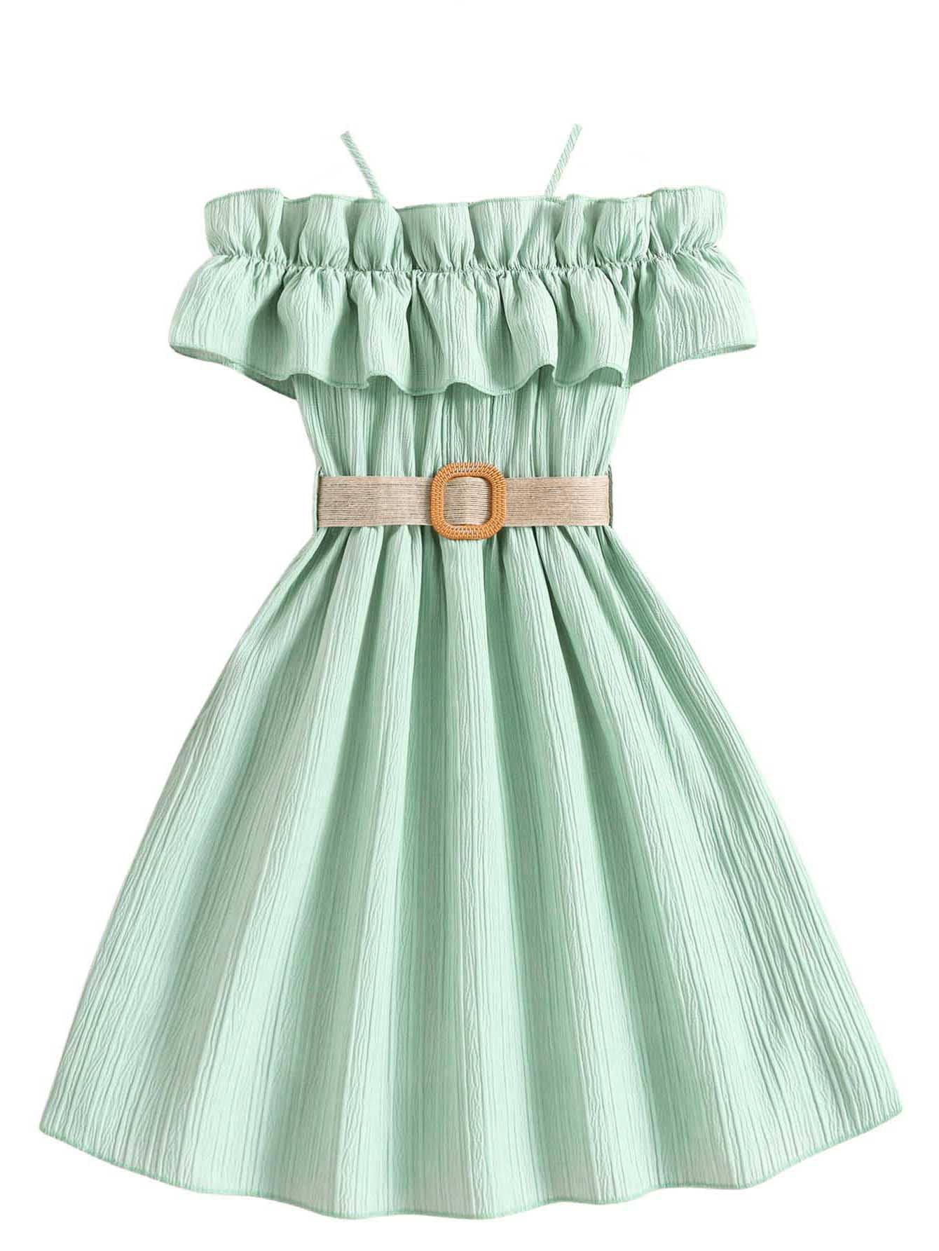 Floerns Girls Cold Shoulder Ruffle Trim Short Sleeve Belted A Line Midi Dress